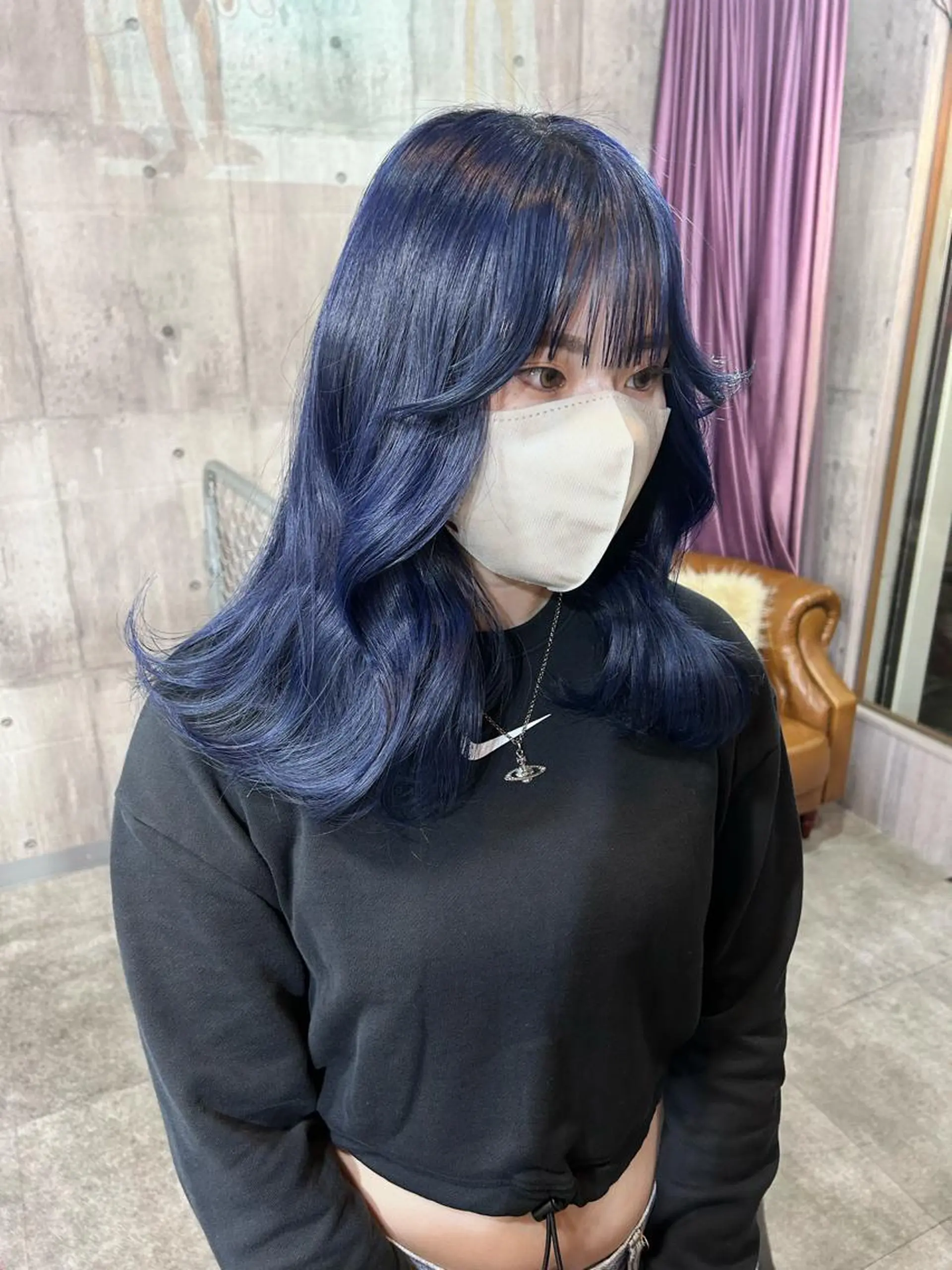 セミロング カラー シールエクステ 黒髪 ブリーチ ブルーカラー ブルーブラック SHURI❤️‍🔥 中/韓mix ♡のヘアスタイル