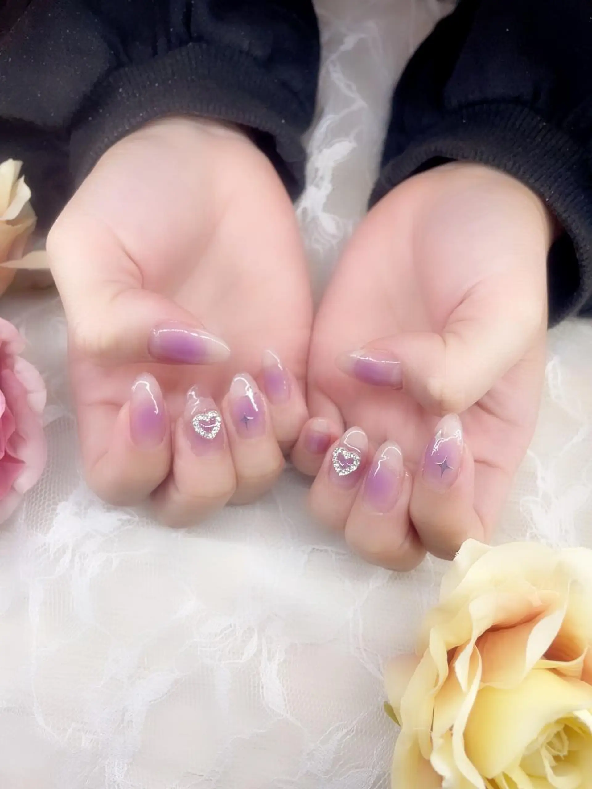 ネイル チークネイル ハート オフィスネイル パープル A.free✧*｡ アレルギー対応✧*｡のネイルデザイン