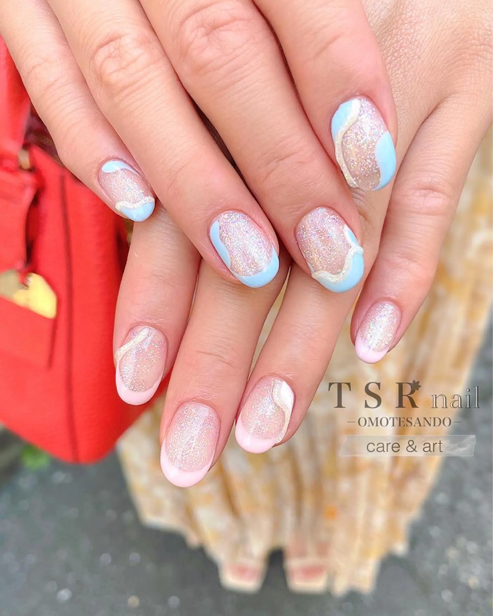 ネイル ブルー クリアネイル フレンチネイル ジェルネイル ラメ(グリッター) 爪咲 りり花のネイルデザイン