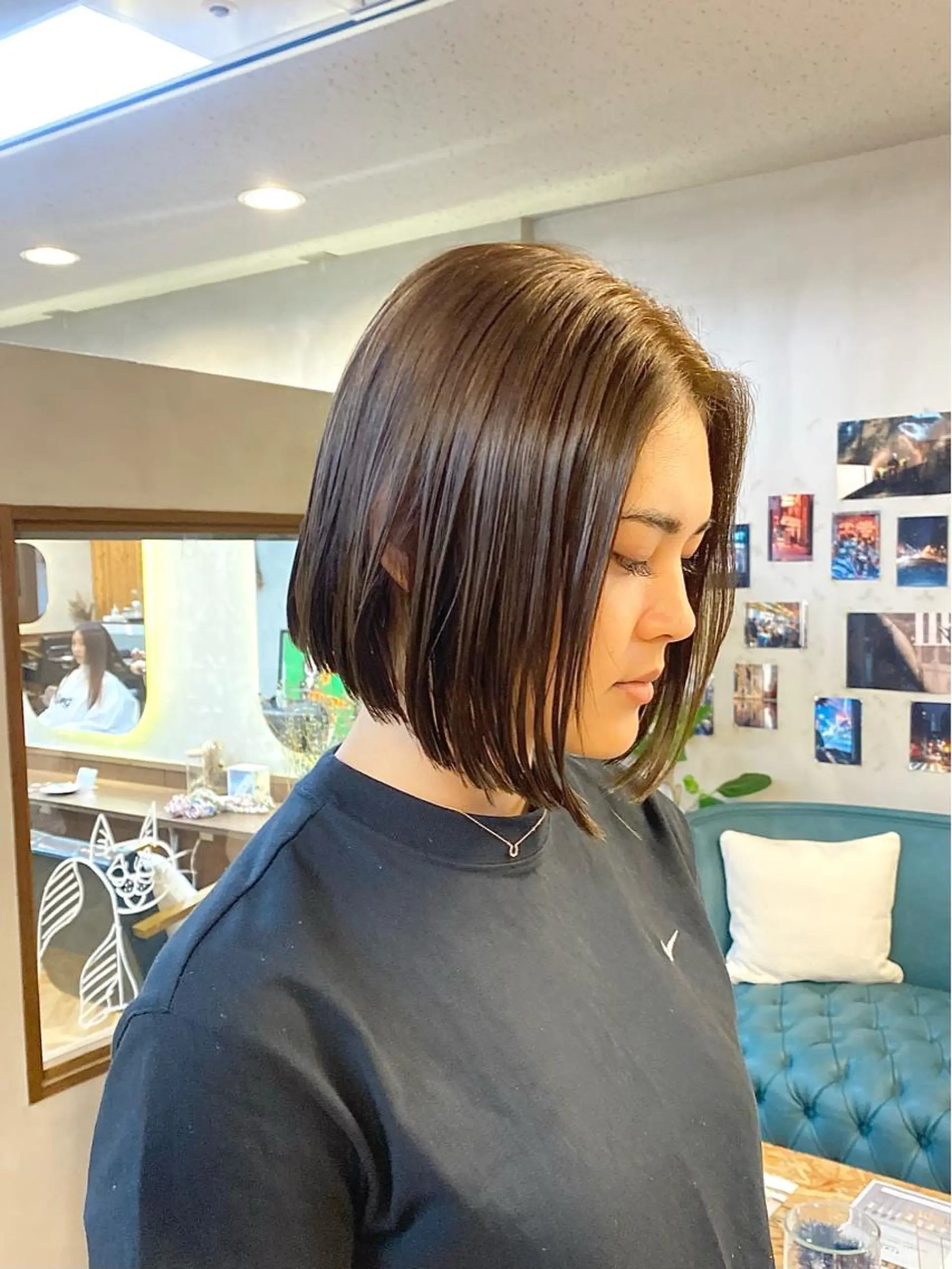 ミディアム カラー パーマ ヘアアレンジ 切りっぱなしボブ ブリーチ グレージュ ブリーチなしカラー オリーブグレージュ カット ヘアカラー トリートメント ハル🌸柔色/ ブリーチなし/艶髪のヘアスタイル