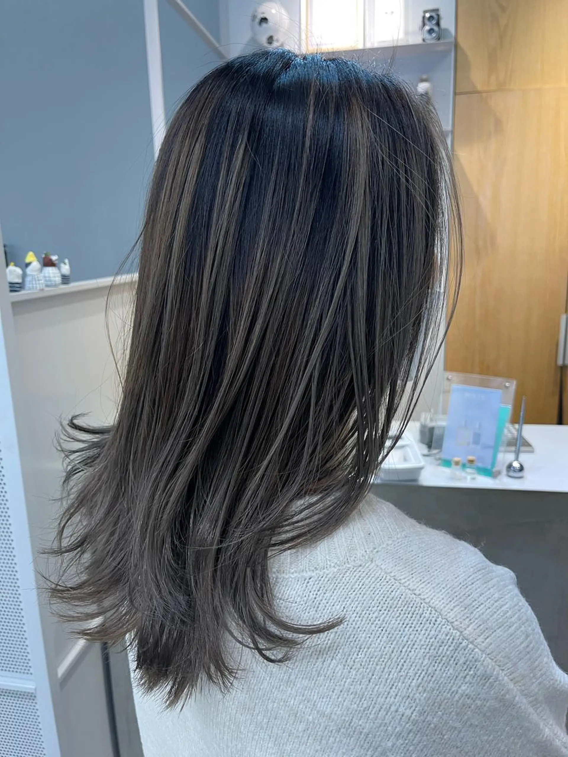 ミディアム カラー バレイヤージュ グレージュ レイヤーカット 篠崎 佑季のヘアスタイル