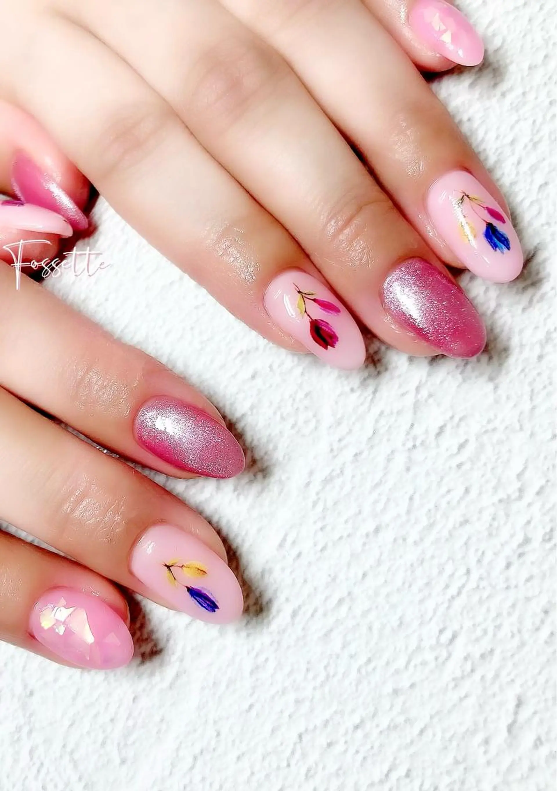 ネイル オーロラネイル フラワーネイル マグネットネイル ピンク 春ネイル nailsalon Fossetteのネイルデザイン