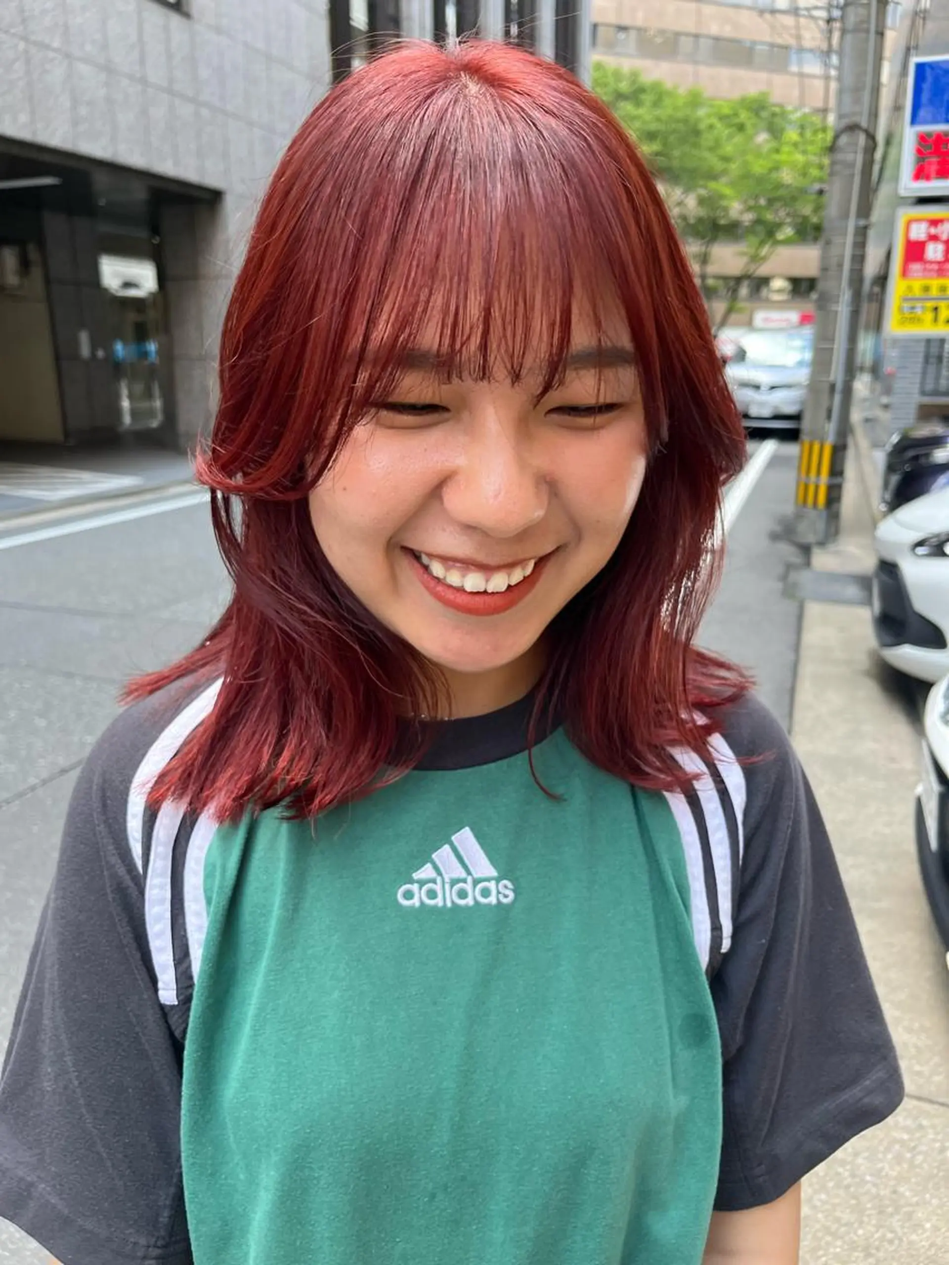 カラー オレンジ レッドカラー カット ヘアカラー こまつばらみお/レイ ヤー/ダブルカラーのヘアスタイル