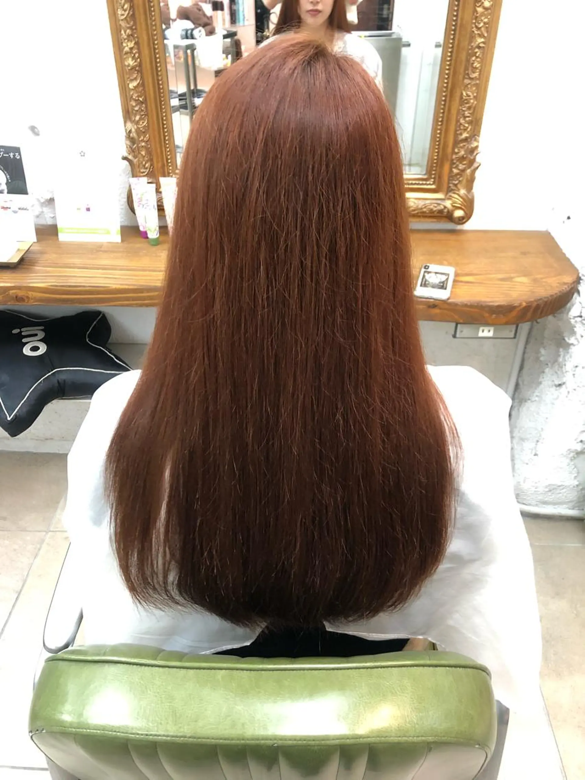 ロング カラー パーマ ブリーチ ブリーチなしカラー オレンジ ストレートパーマ み ゆきのマツエク・マツパデザイン