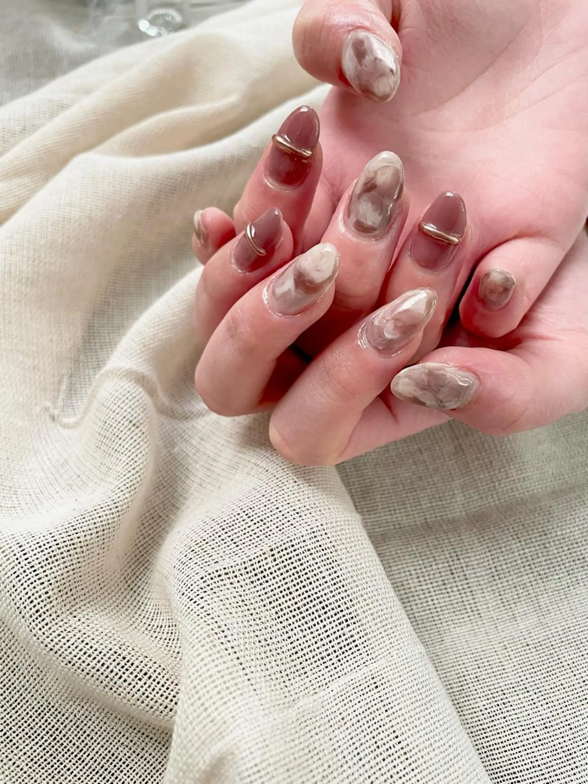 ネイル ブラウン ピンク 甲府市徳行 🧸prunelleのネイルデザイン