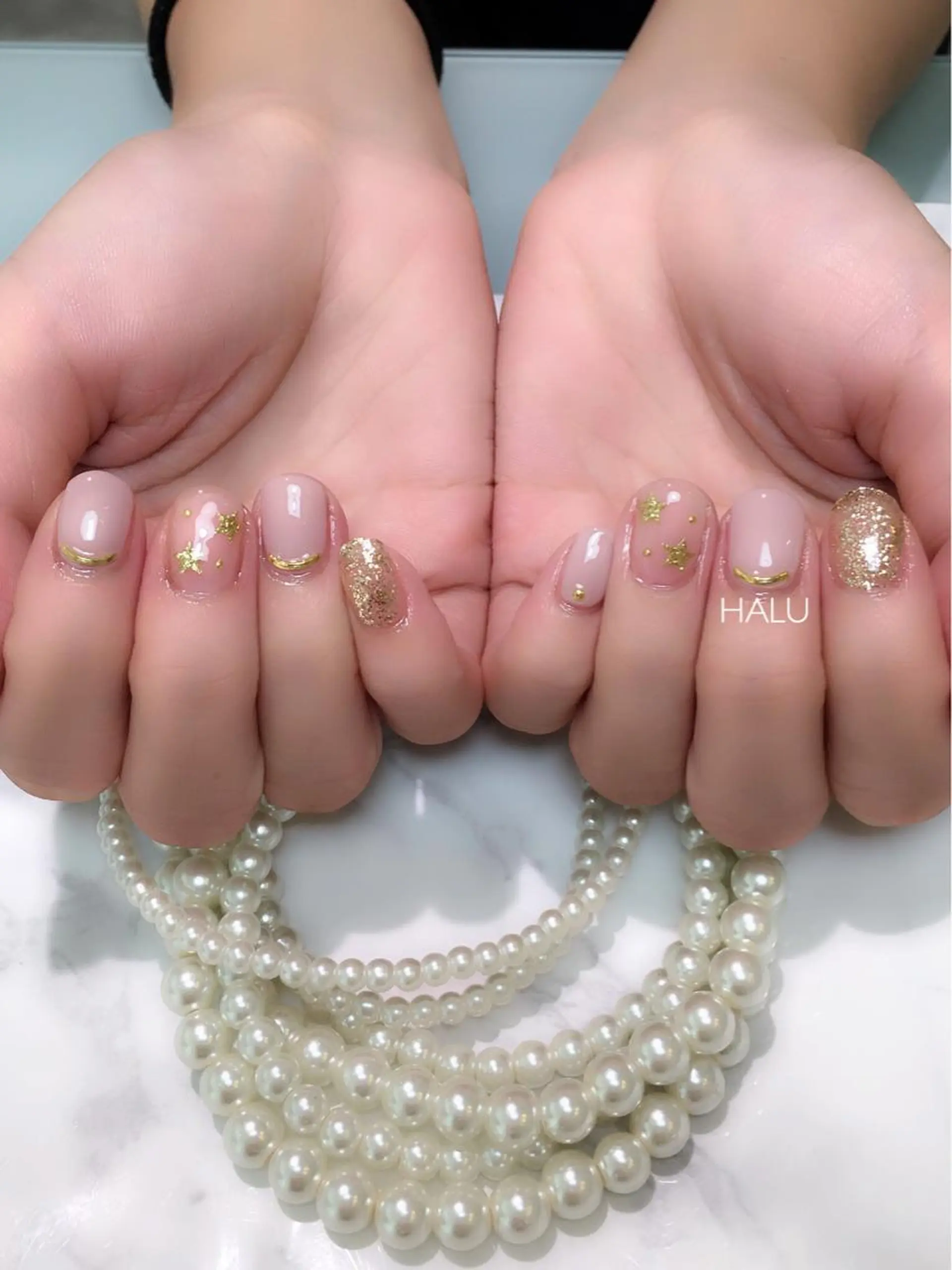 ネイル ブルー クリアネイル ガーリー ゴールド ゴージャス HALU ハルのネイルデザイン