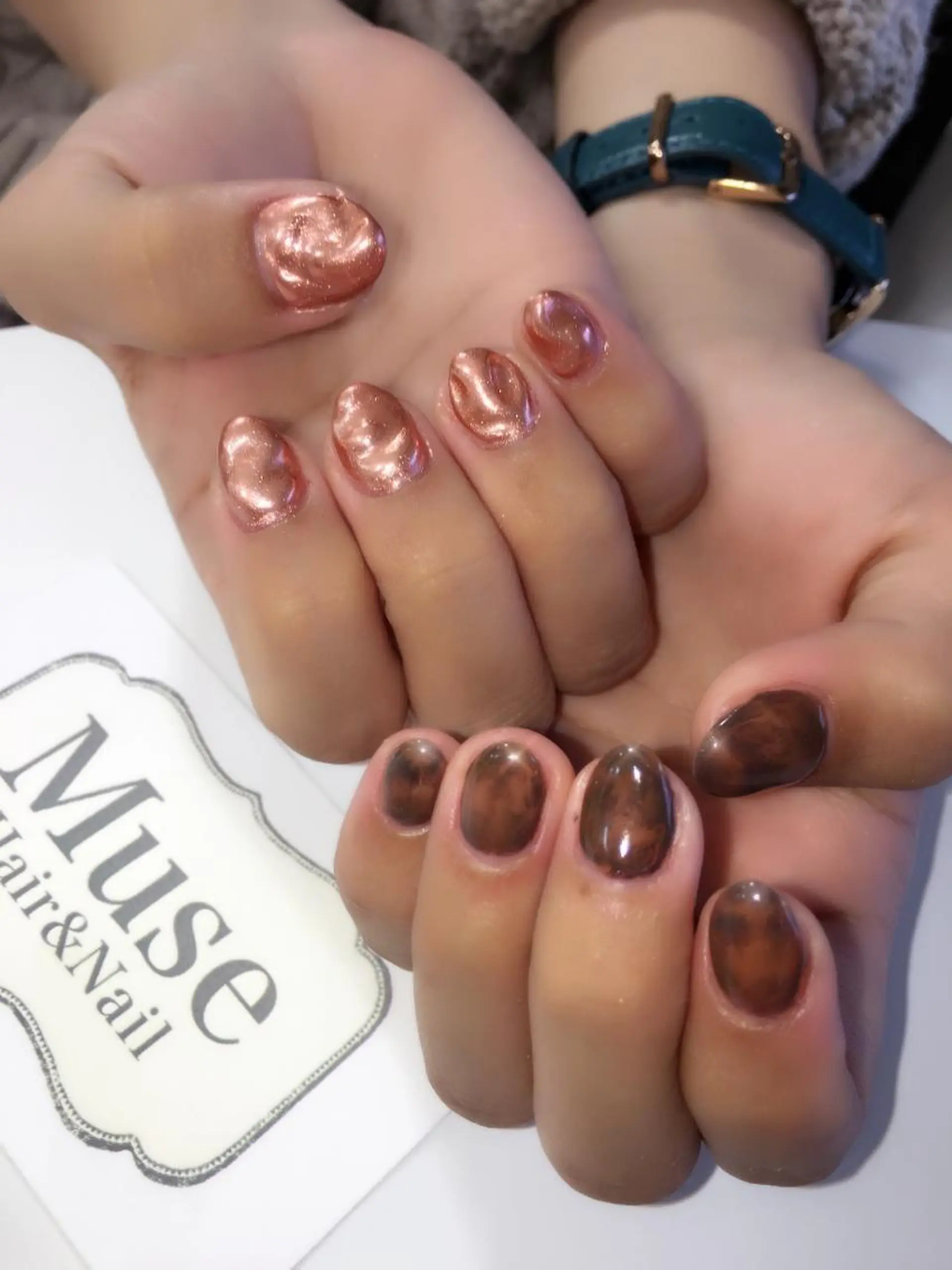 ネイル べっ甲ネイル ミラーネイル ニュアンスネイル ピンク 隠れ家一戸建て金町 HIROMI 葛飾区のネイルデザイン