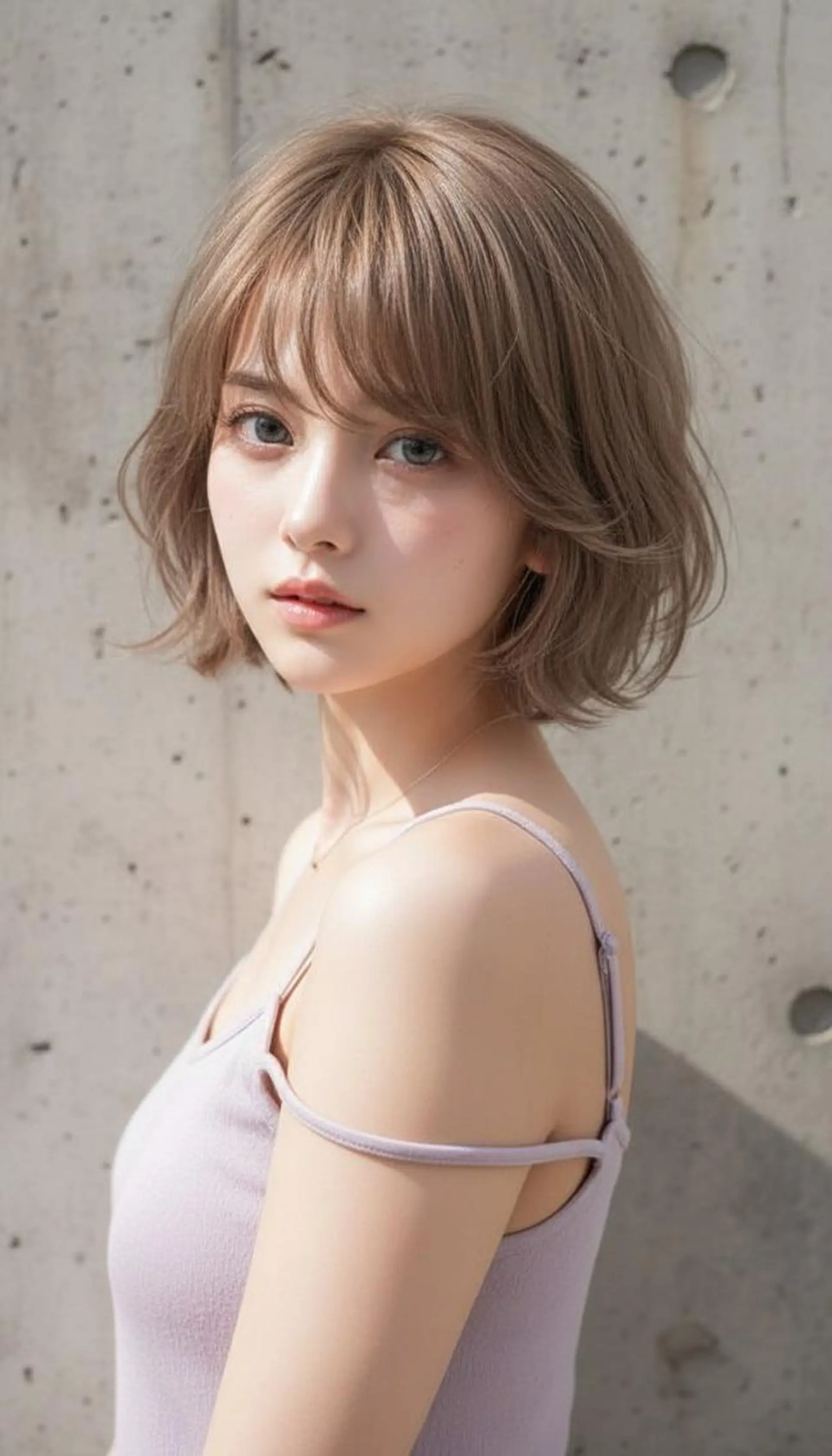 ミディアム パーマ カラー ショートボブ ベージュカラー 透明感カラー ボブ レイヤーカット カット ヘアカラー トリートメント さく/髪質改善× 縮毛矯正/町田のヘアスタイル