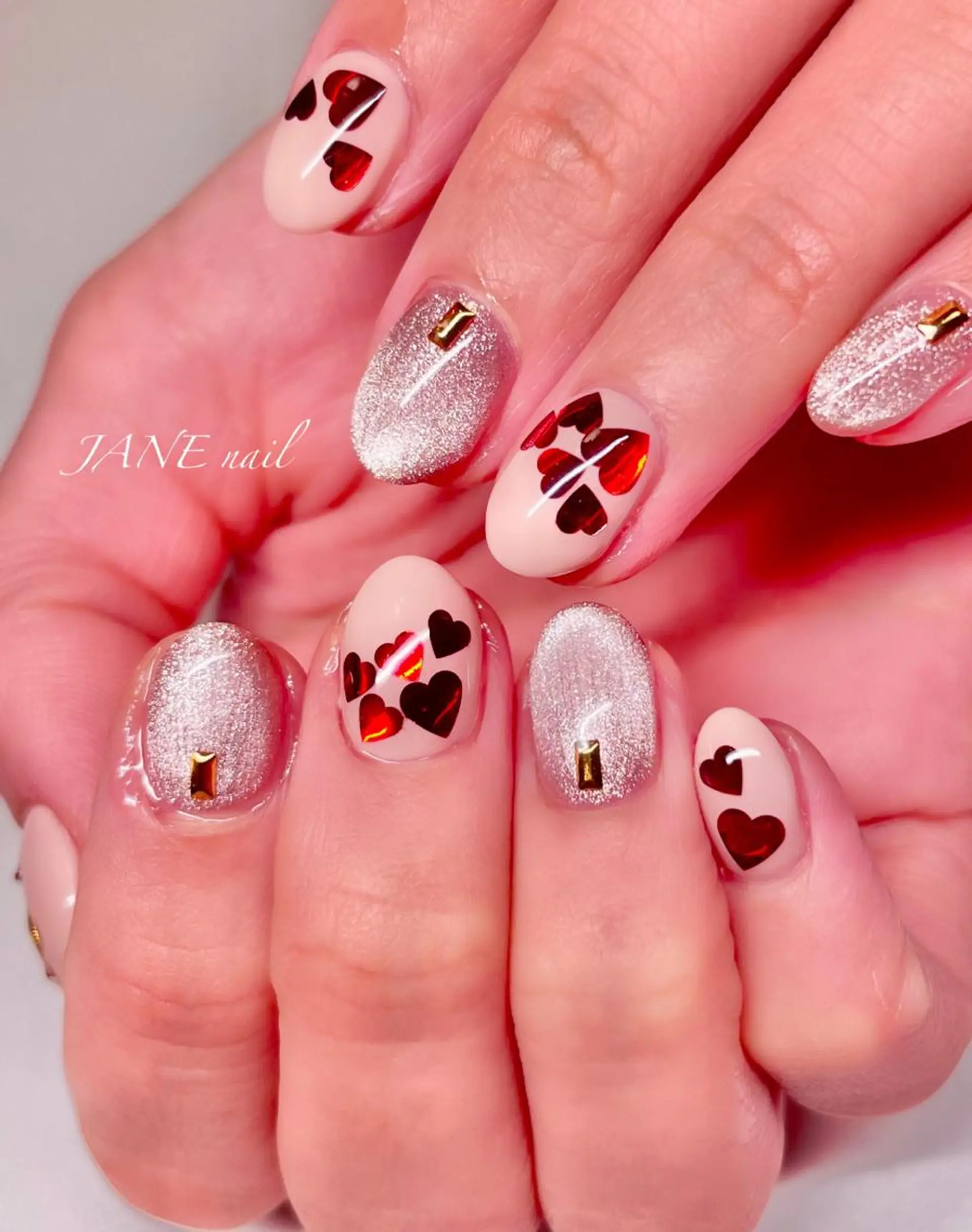ネイル フットネイル ハート オフィスネイル 赤色 バレンタイン ハンドネイル Nail Salon JANEのネイルデザイン