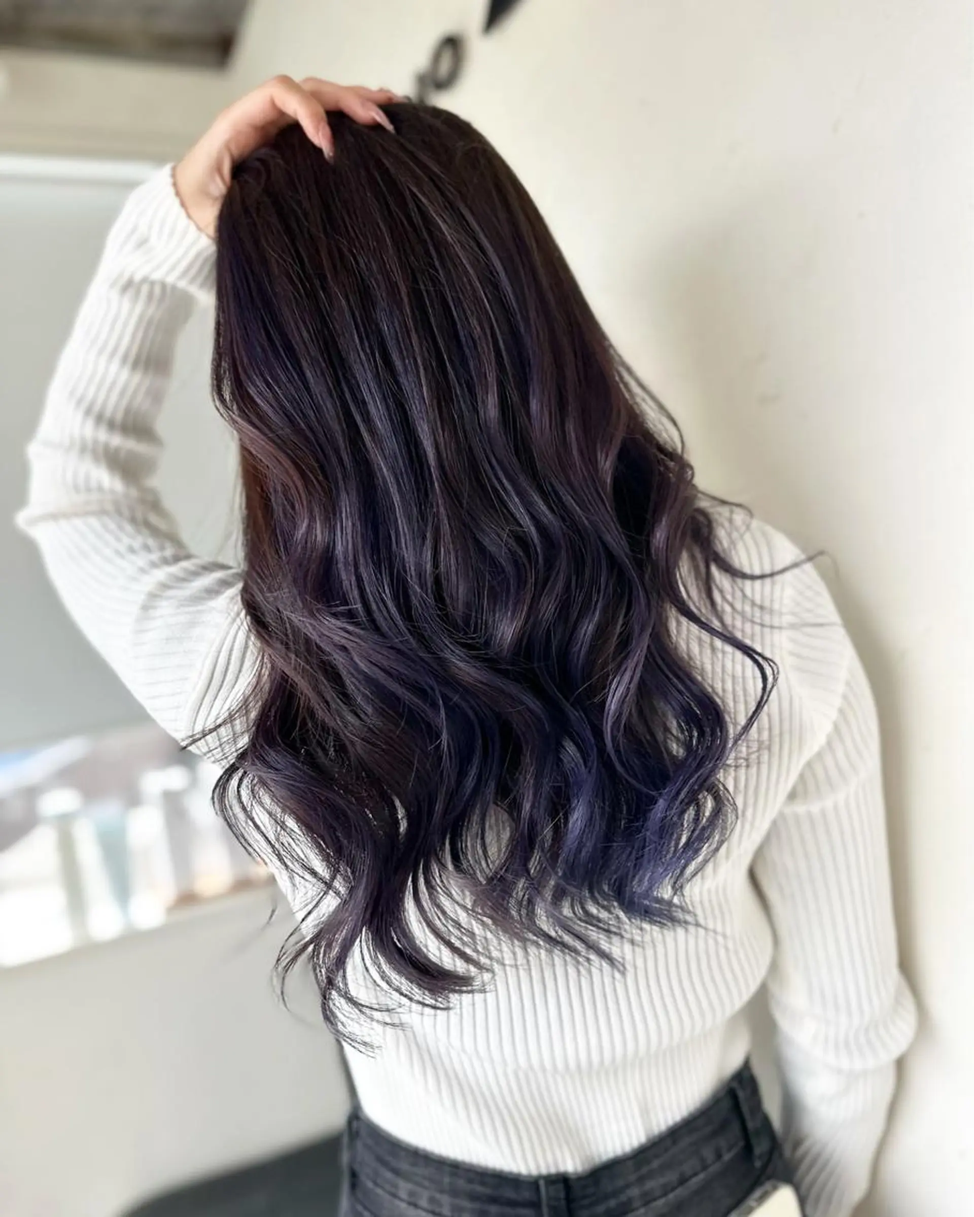 ロング カラー アッシュ 黒髪 ブルーカラー ブルーブラック グレージュ うる艶カラー美容師 ayumiのヘアスタイル