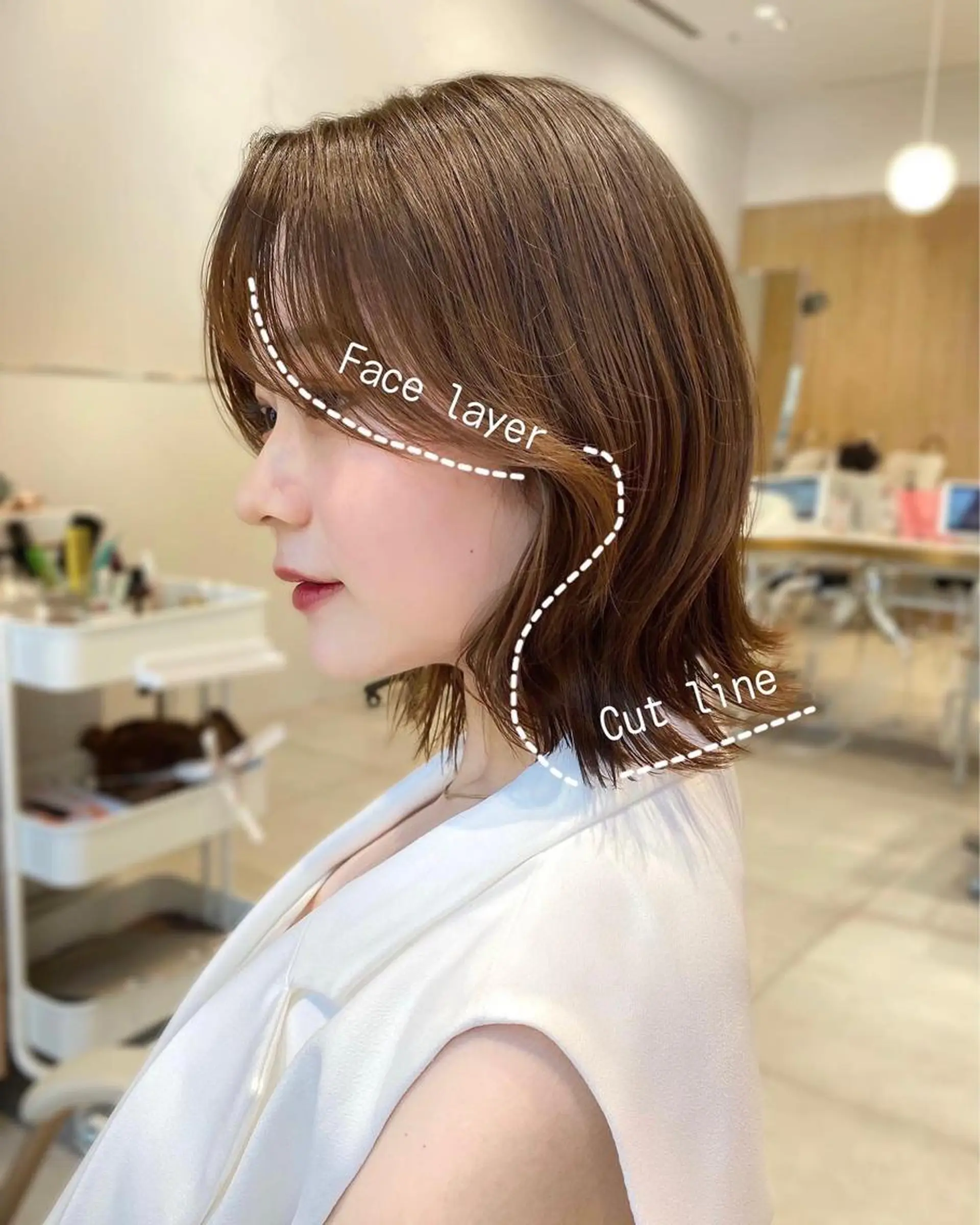 ミディアム カラー パーマ ヘアアレンジ 切りっぱなしボブ バレイヤージュ ブリーチ ケアブリーチ 透明感カラー カット ヘアカラー トリートメント ヘアセット 小野寺瑞希 /最小顔カットのヘアスタイル