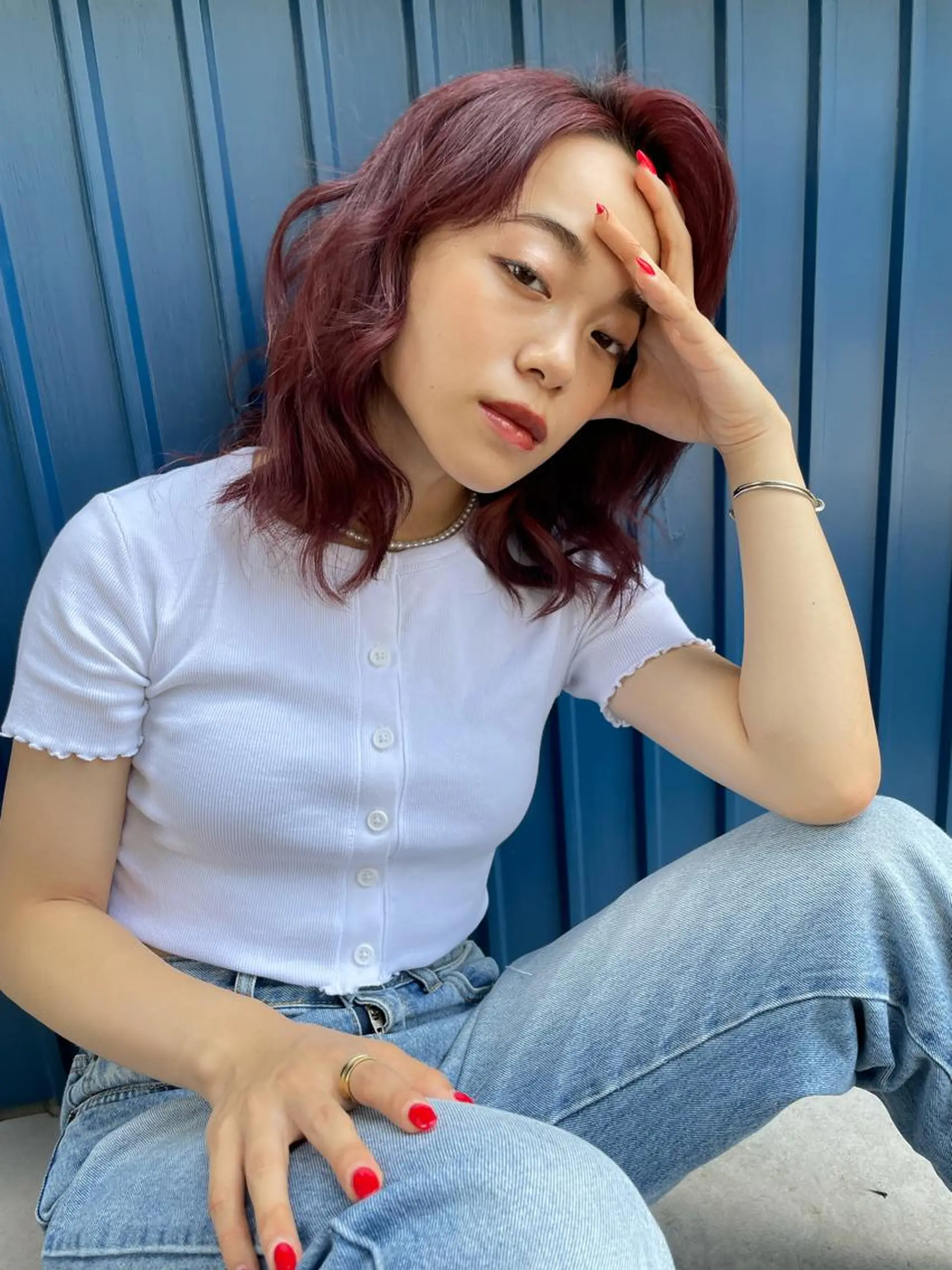 ミディアム カラー パーマ ブリーチ デザインカラー レッドカラー ナガミネアリサ/ 学芸大学/海外ヘアのヘアスタイル