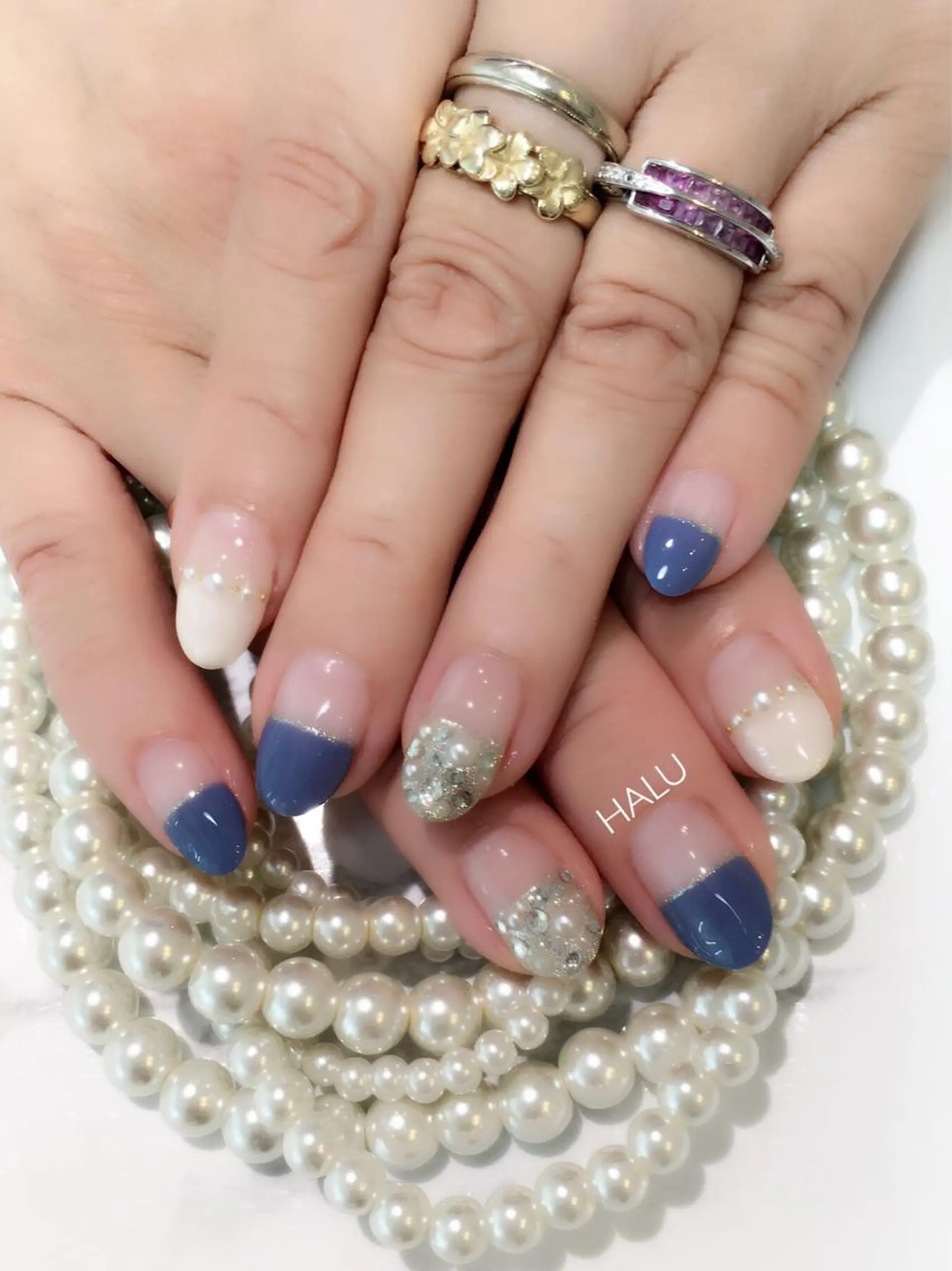 ネイル アートネイル ブルー クリアネイル シンプルネイル ストーンネイル HALU ハルのネイルデザイン