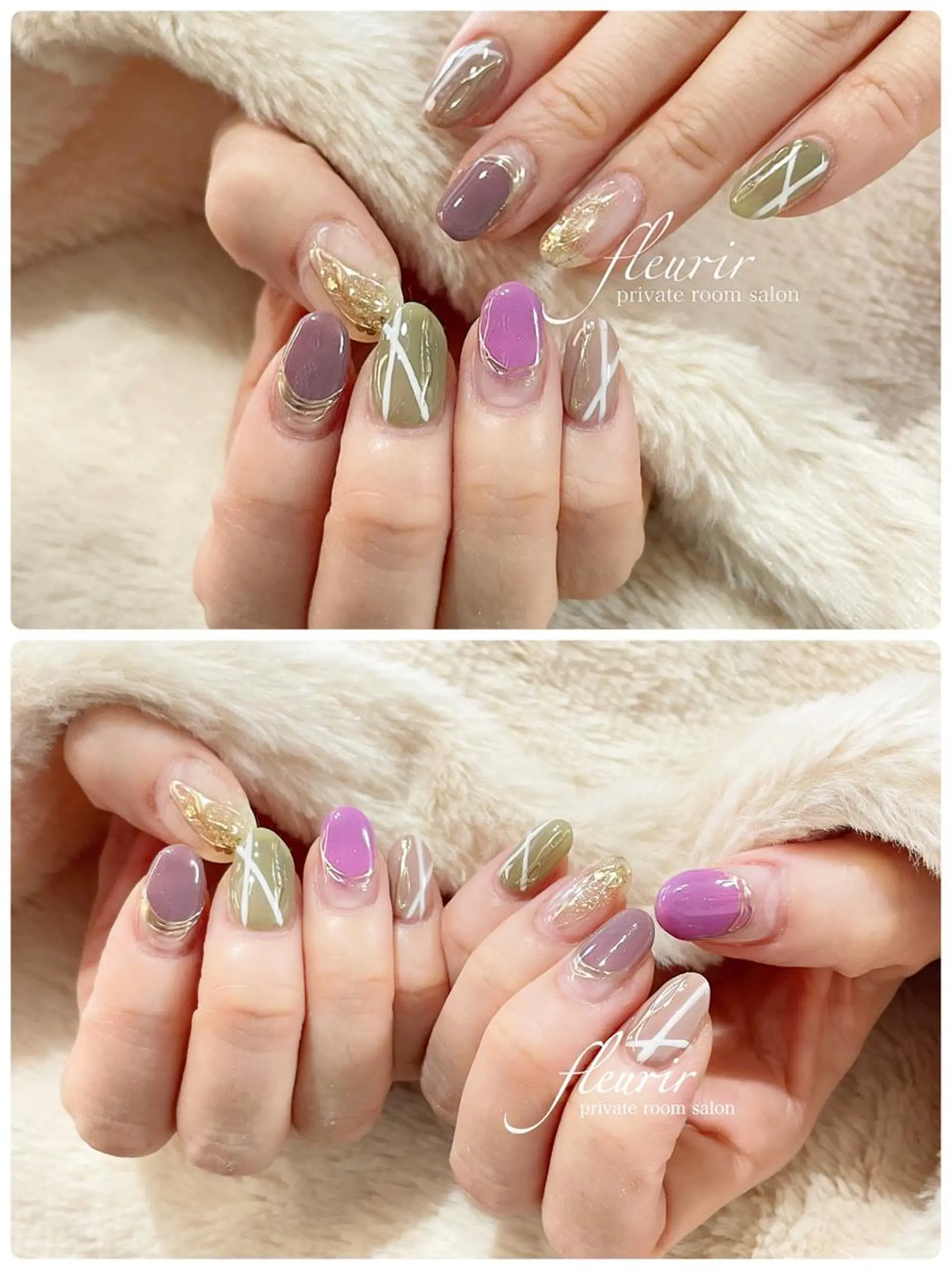 ネイル グリーン ピンク パープル 春ネイル フルリール 【プライベートサロンのネイルデザイン