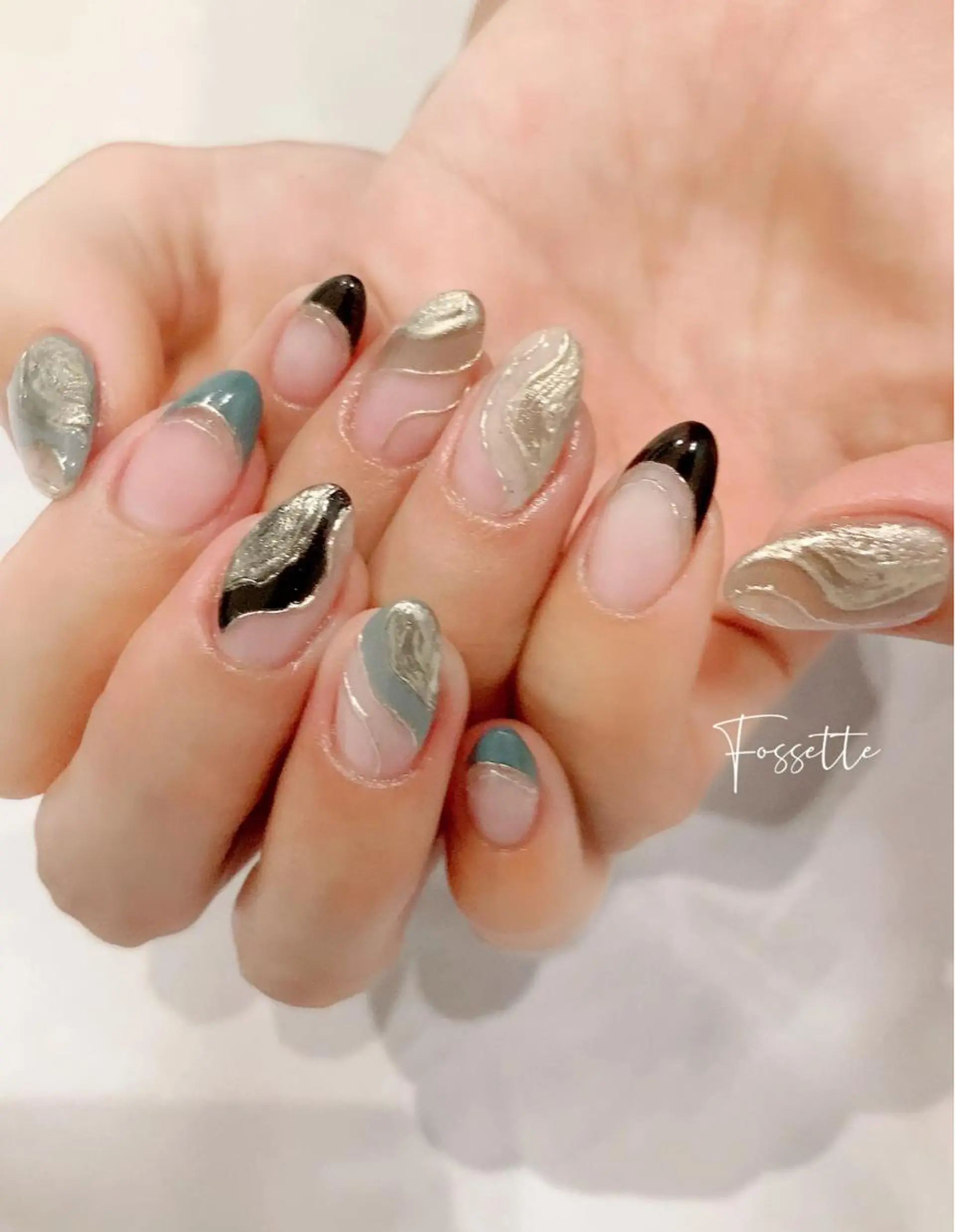 ネイル ブルー クリアネイル フレンチネイル ミラーネイル 夏ネイル nailsalon Fossetteのネイルデザイン