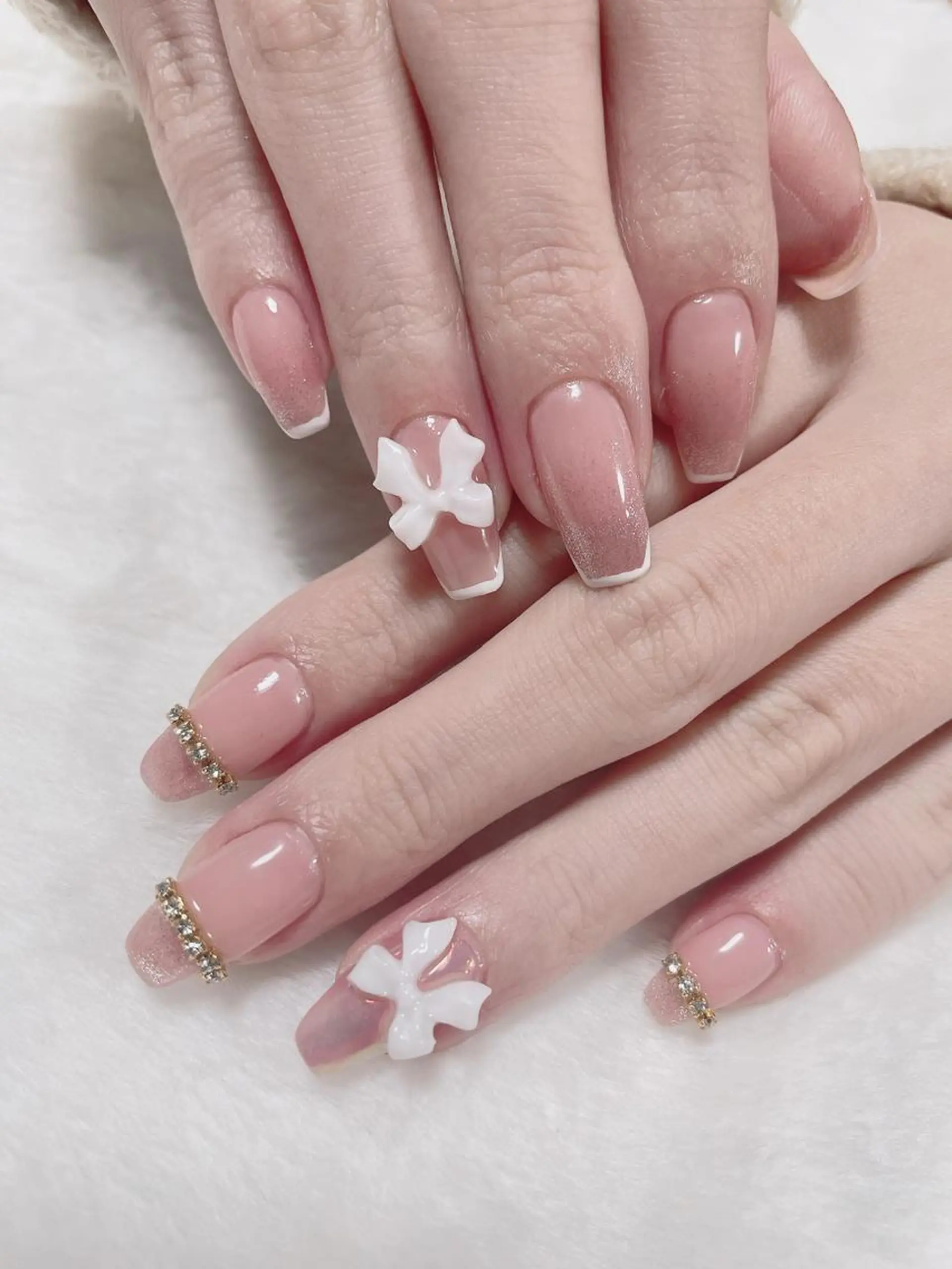 ネイル フレンチネイル 韓国ネイル ピンク リボン ワンホンネイル Sana 【梅田茶屋町】のネイルデザイン