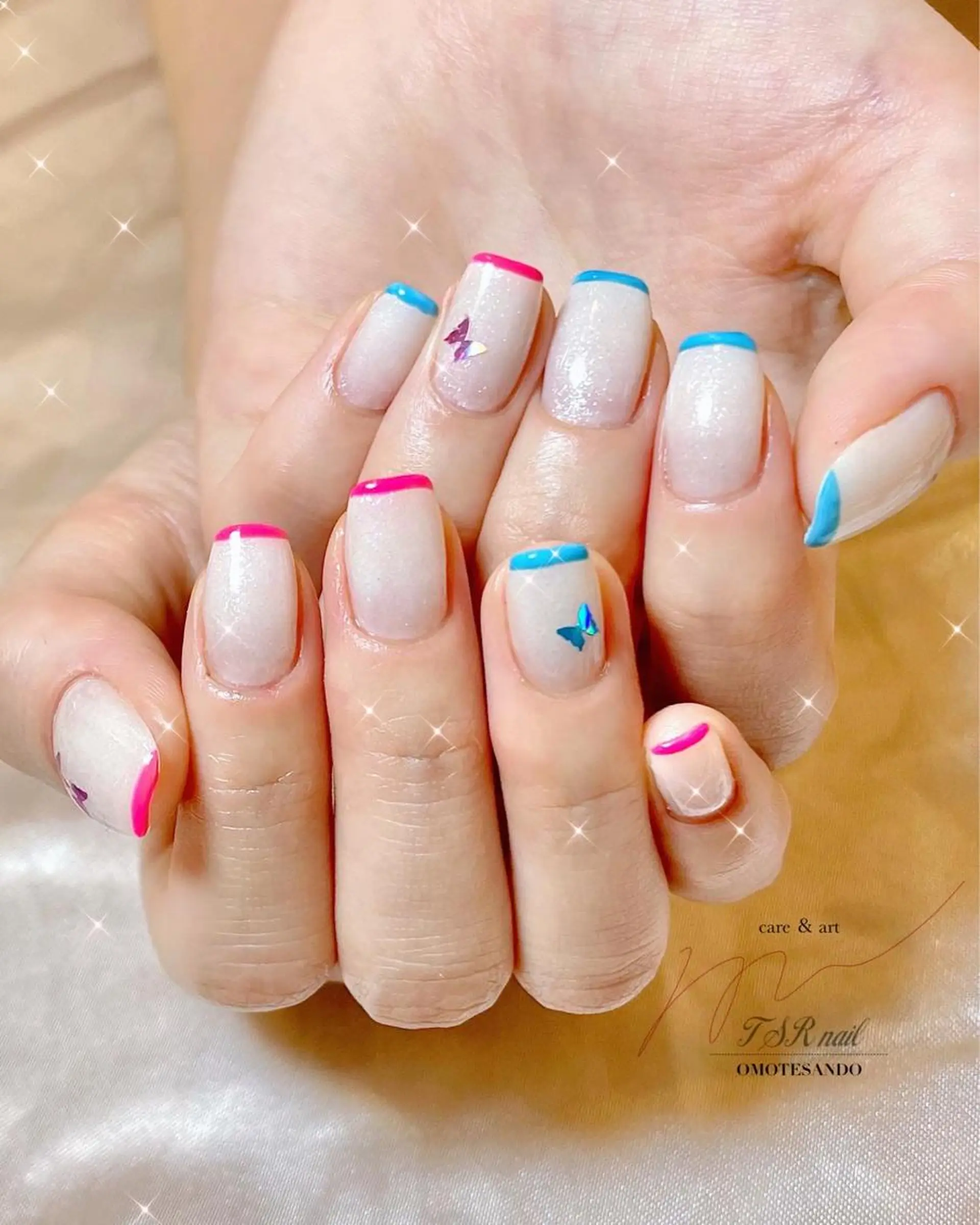 ネイル ブルー フレンチネイル ラメ(グリッター) 持ち込み パステルネイル ハンドネイル ハンドケア 爪咲 りり花のネイルデザイン