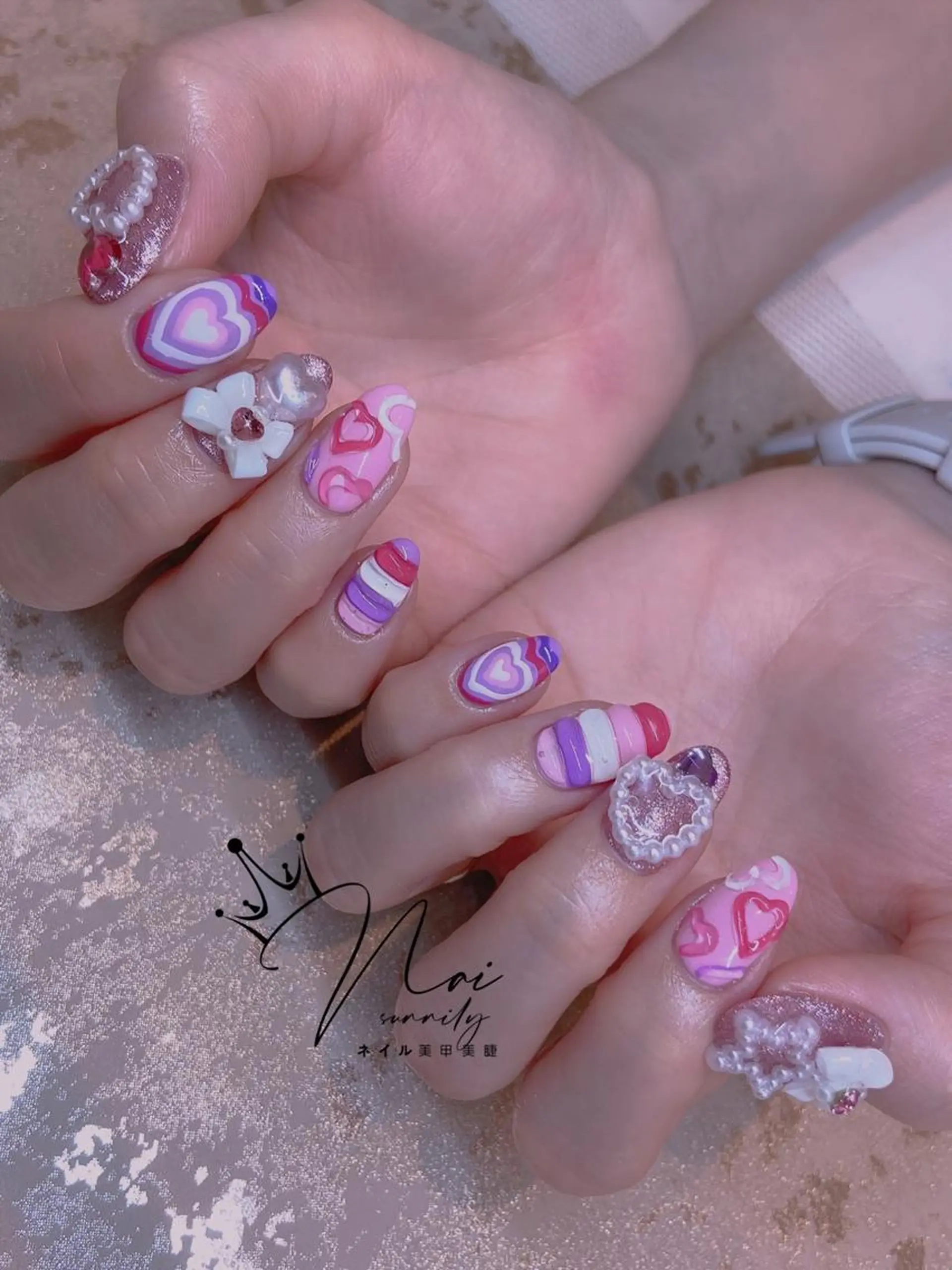 ネイル ハート リボン 長さだし専門店 M2　rikaのネイルデザイン