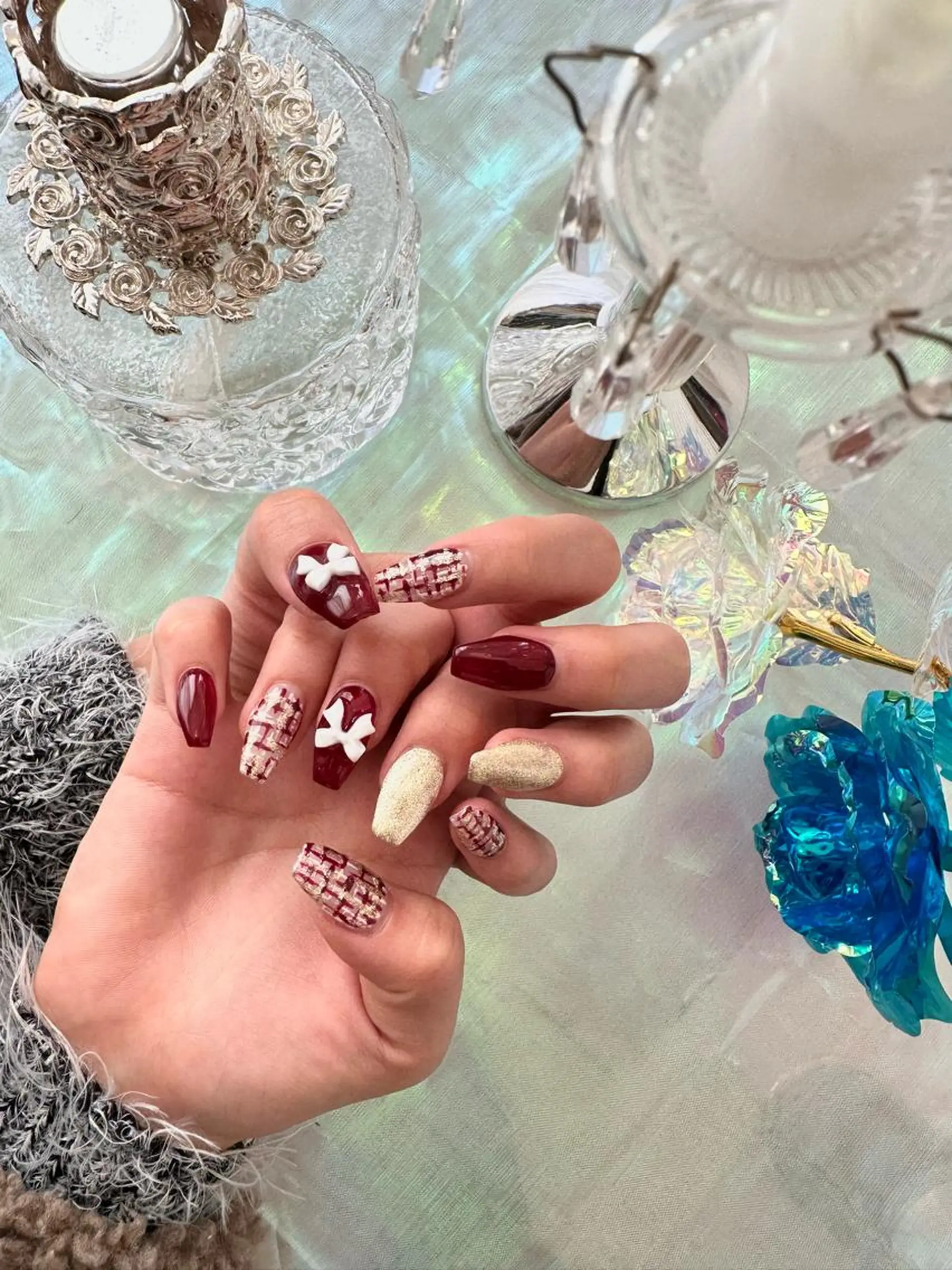 ネイル ボルドー ツイードネイル ハンドネイル CREVIO 小美玉店所属・CREVIO小美玉店 店長RIRIのネイルデザイン