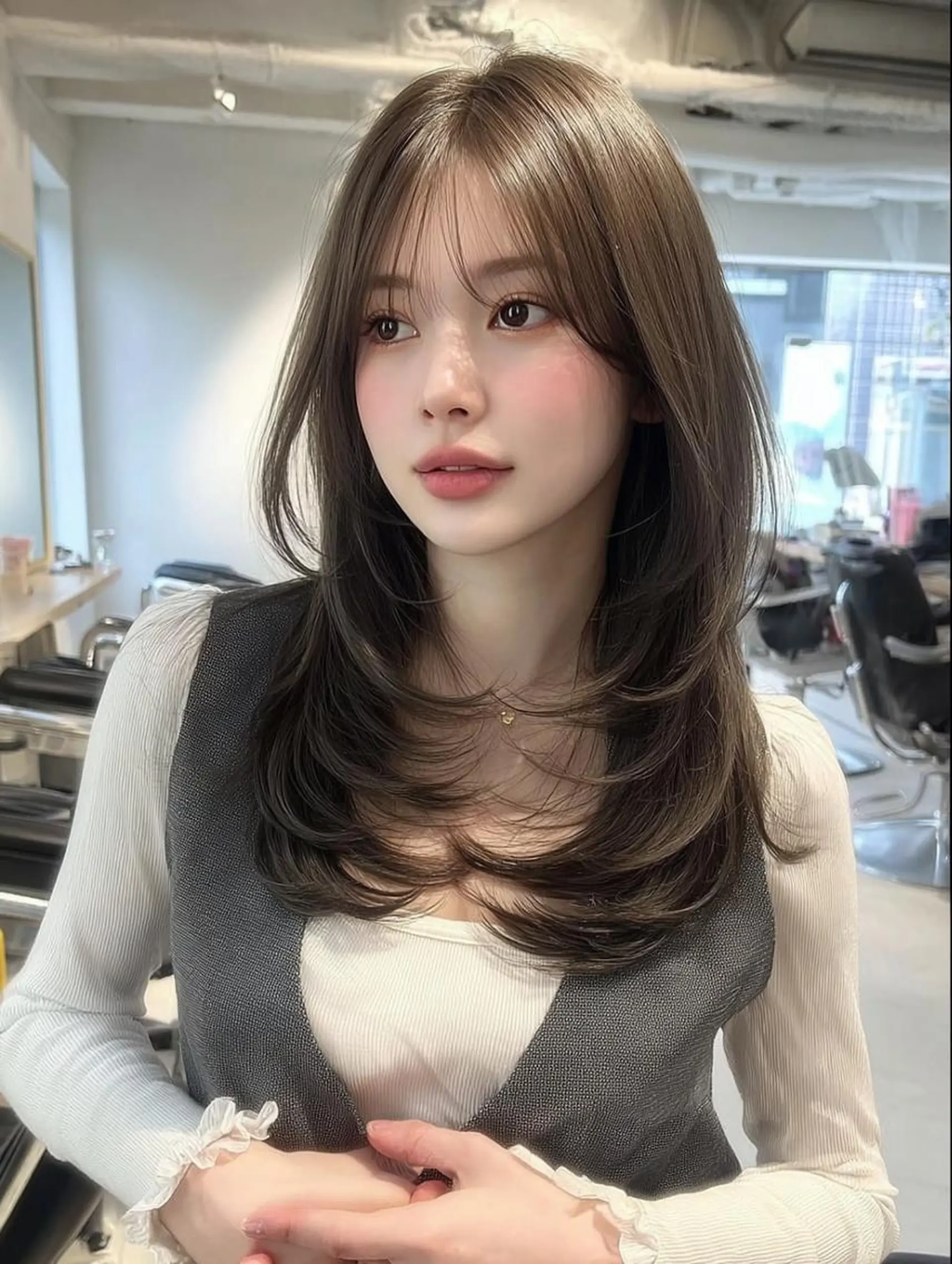 ロング ボブ 顔まわりレイヤー 髪質改善 韓国風ヘア レイヤーカット カット ヘアカラー 川上 彩華のヘアスタイル