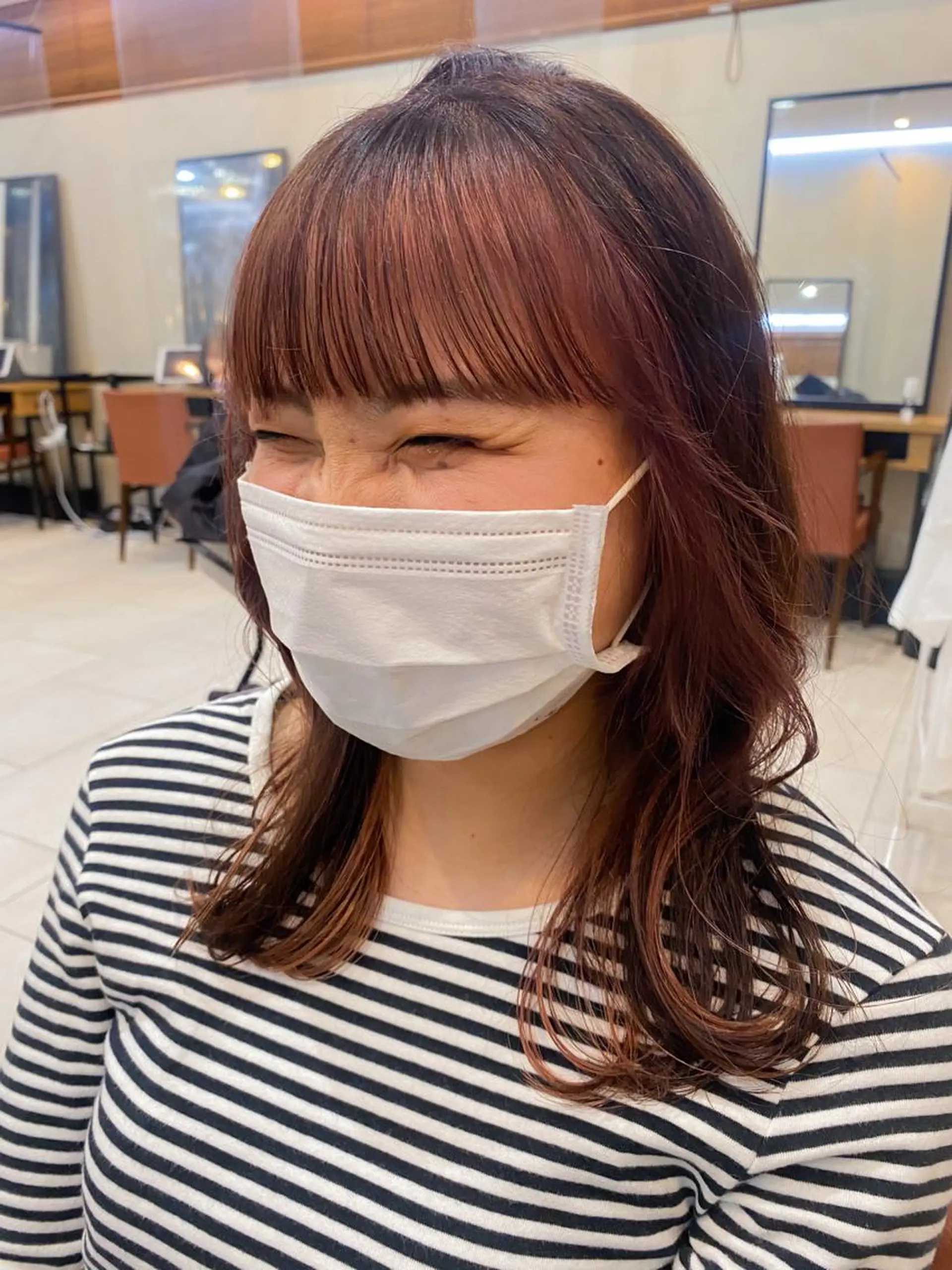 ミディアム カラー ミストバング  フェイスフレーミング ピンクカラー カット トリートメント shiori/暖色/ レイヤー/似合わせのヘアスタイル