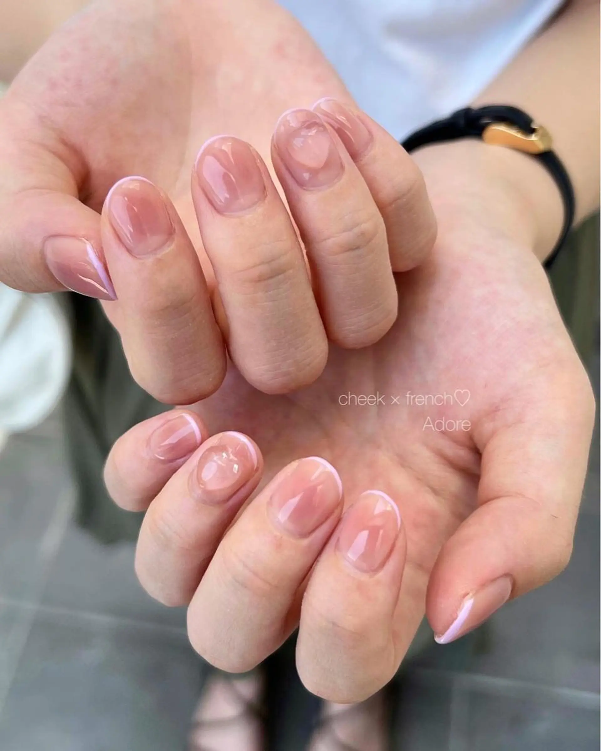 ロング ネイル チークネイル フレンチネイル ハート ピンク ショートネイル ハンドネイル Nail Adore.のネイルデザイン