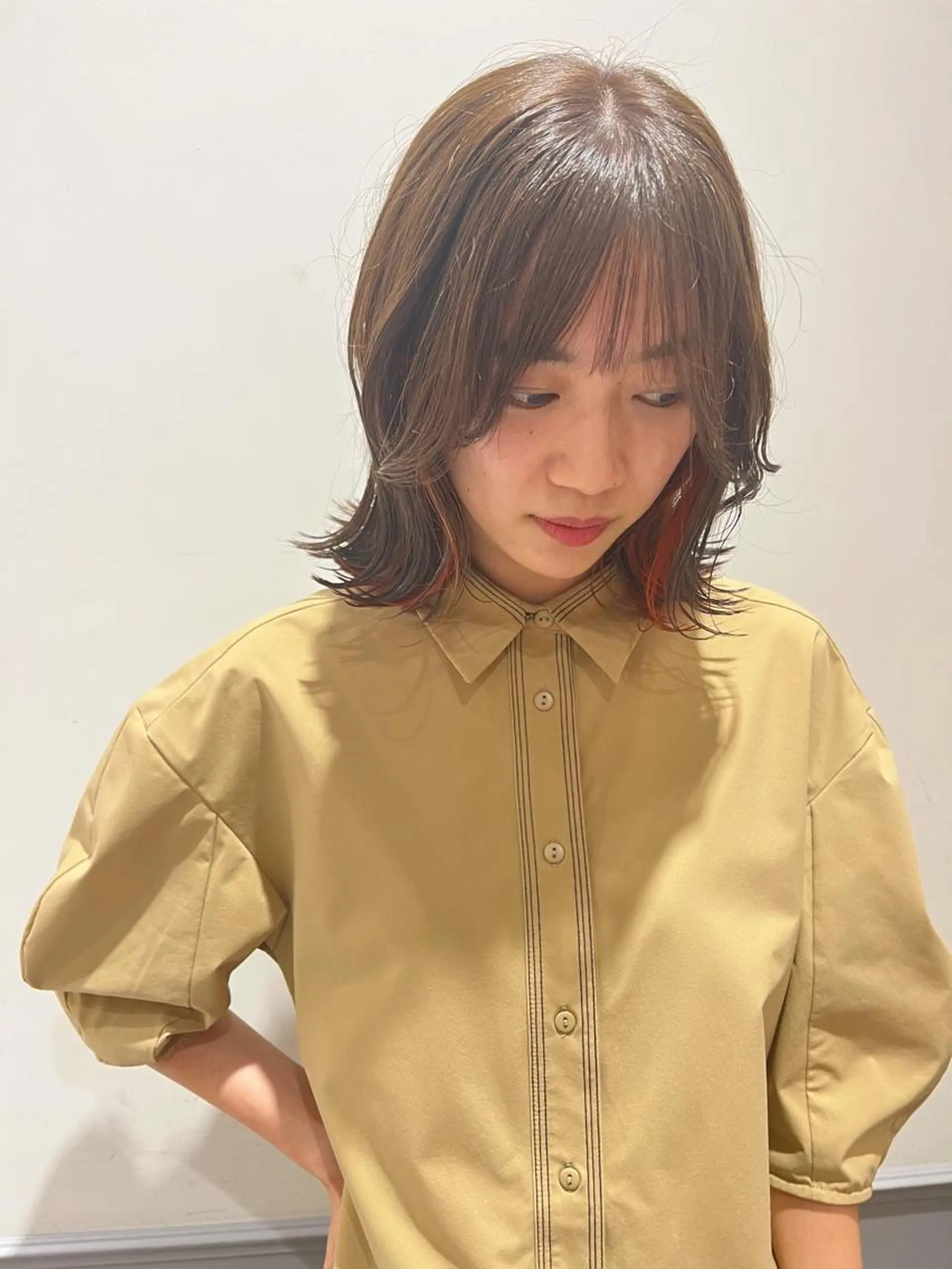 ミディアム ミストバング 韓国風カラー ボブ ハイライト 髪質改善 レイヤーカット/ 透明感カラー レイのヘアスタイル