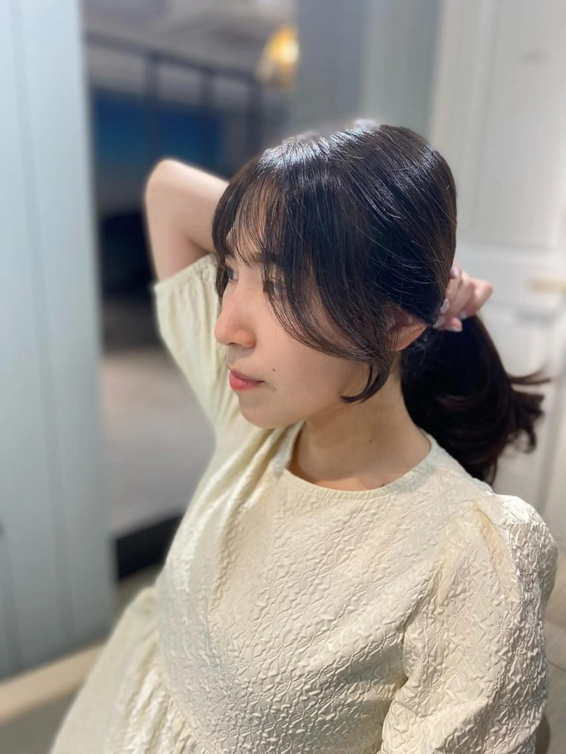 ミディアム パーマ アッシュ ボブ くびれヘア 顔まわりレイヤー 顔周りカット カット ヘアセット 韓国風レイヤーカット 💎髪質改善"yuiのヘアスタイル