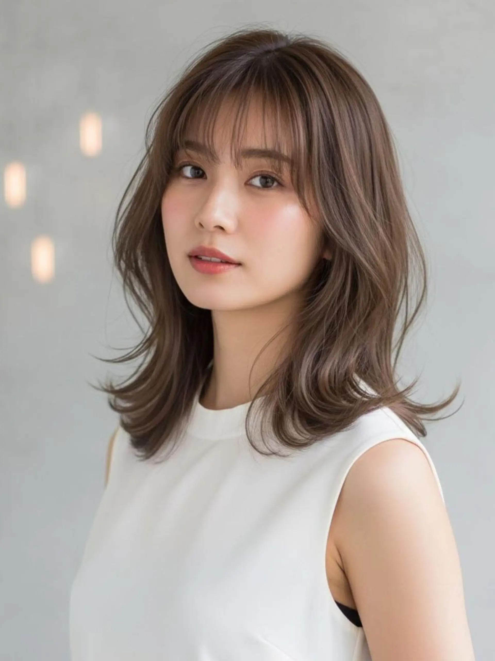 ミディアム カラー アッシュ ベージュカラー 透明感カラー 顔周りカット レイヤーカット カット ヘアカラー ヘアサロン エム渋谷のヘアスタイル