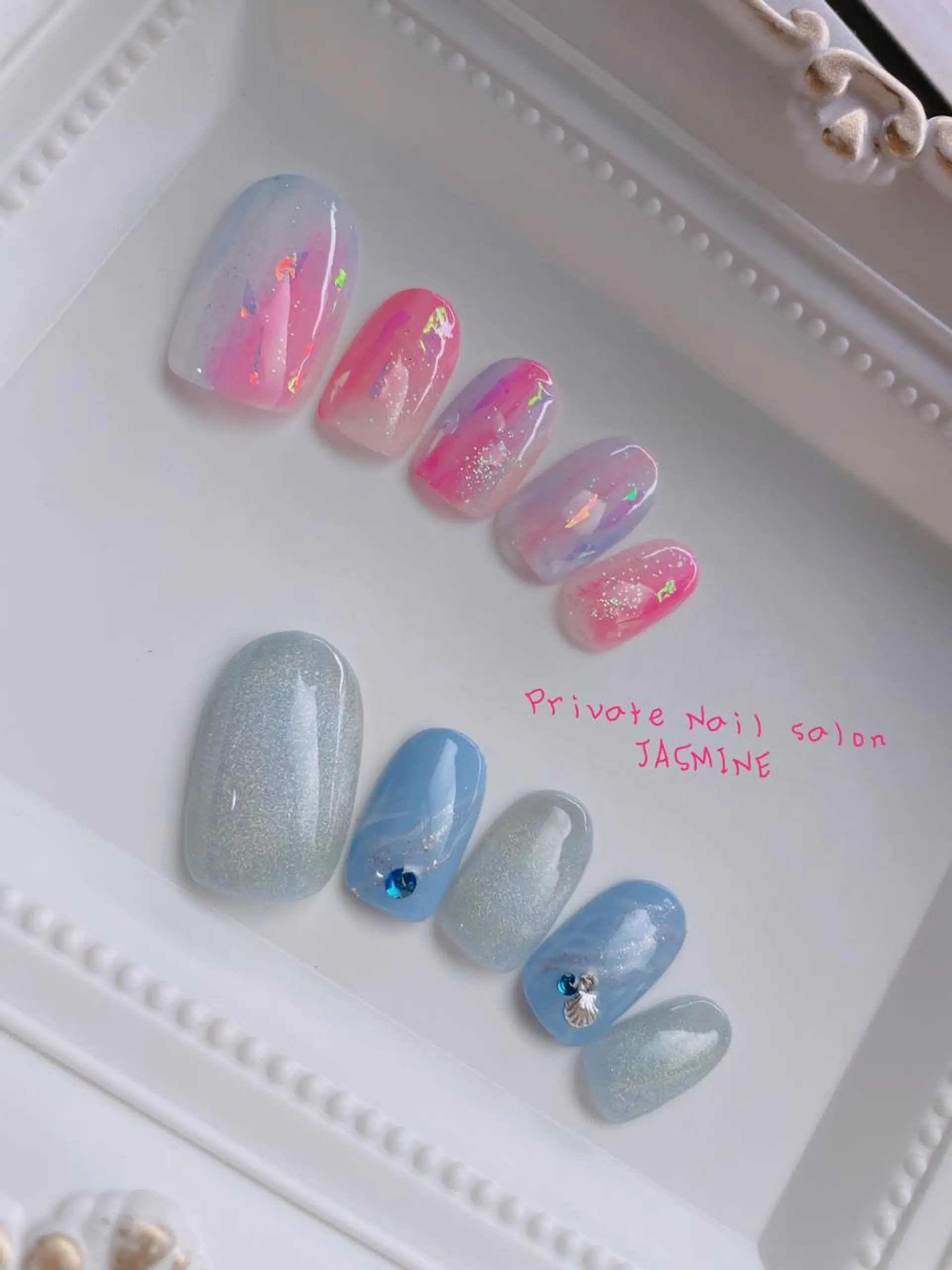 ネイル オーロラネイル 夏ネイル ハンドネイル Nail salon JASMINEのネイルデザイン