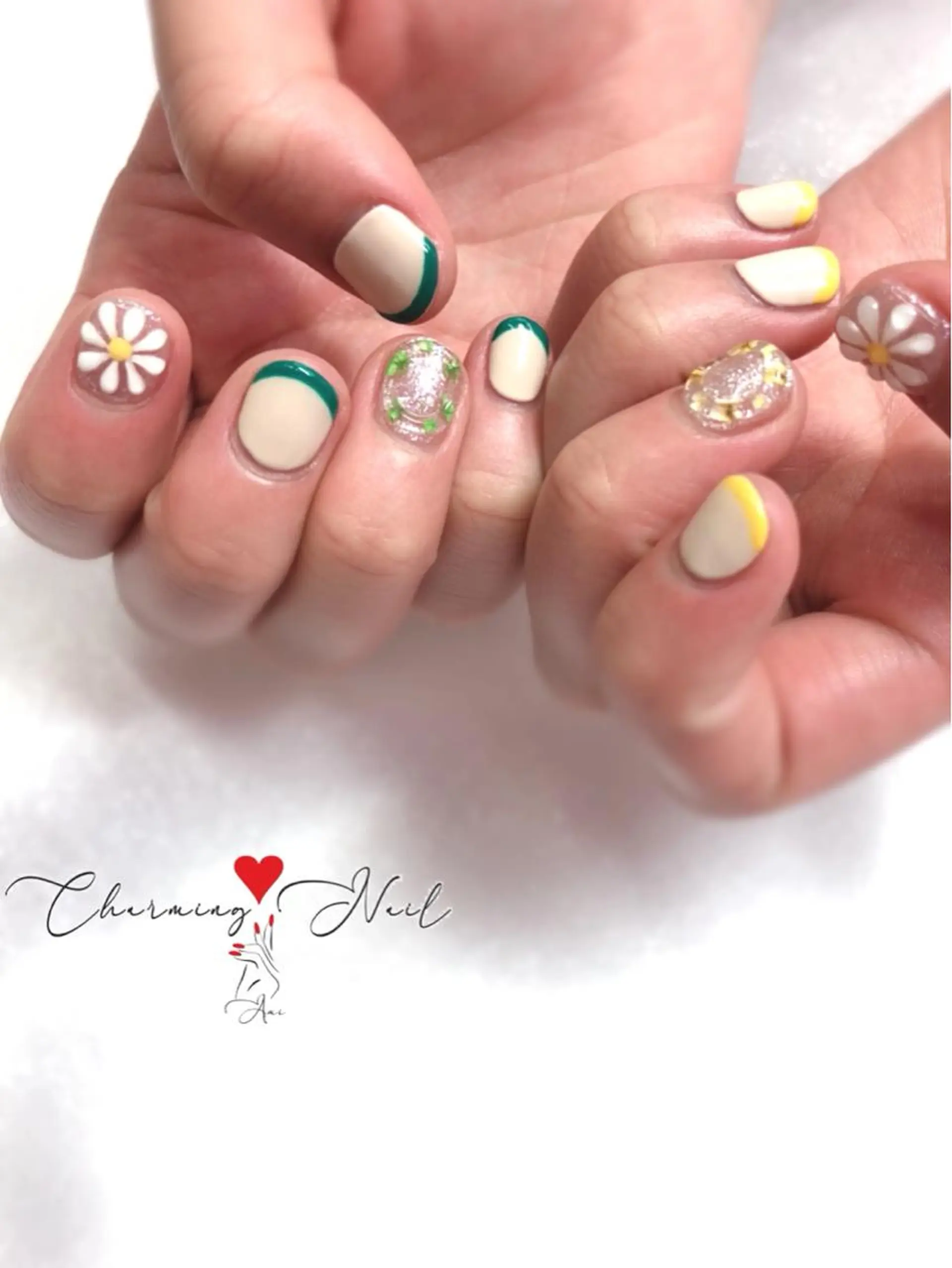 ネイル フラワーネイル フレンチネイル グリーン 韓国ネイル 黄色 Charming❤️Nail所属・Nailist Amiのその他イメージ