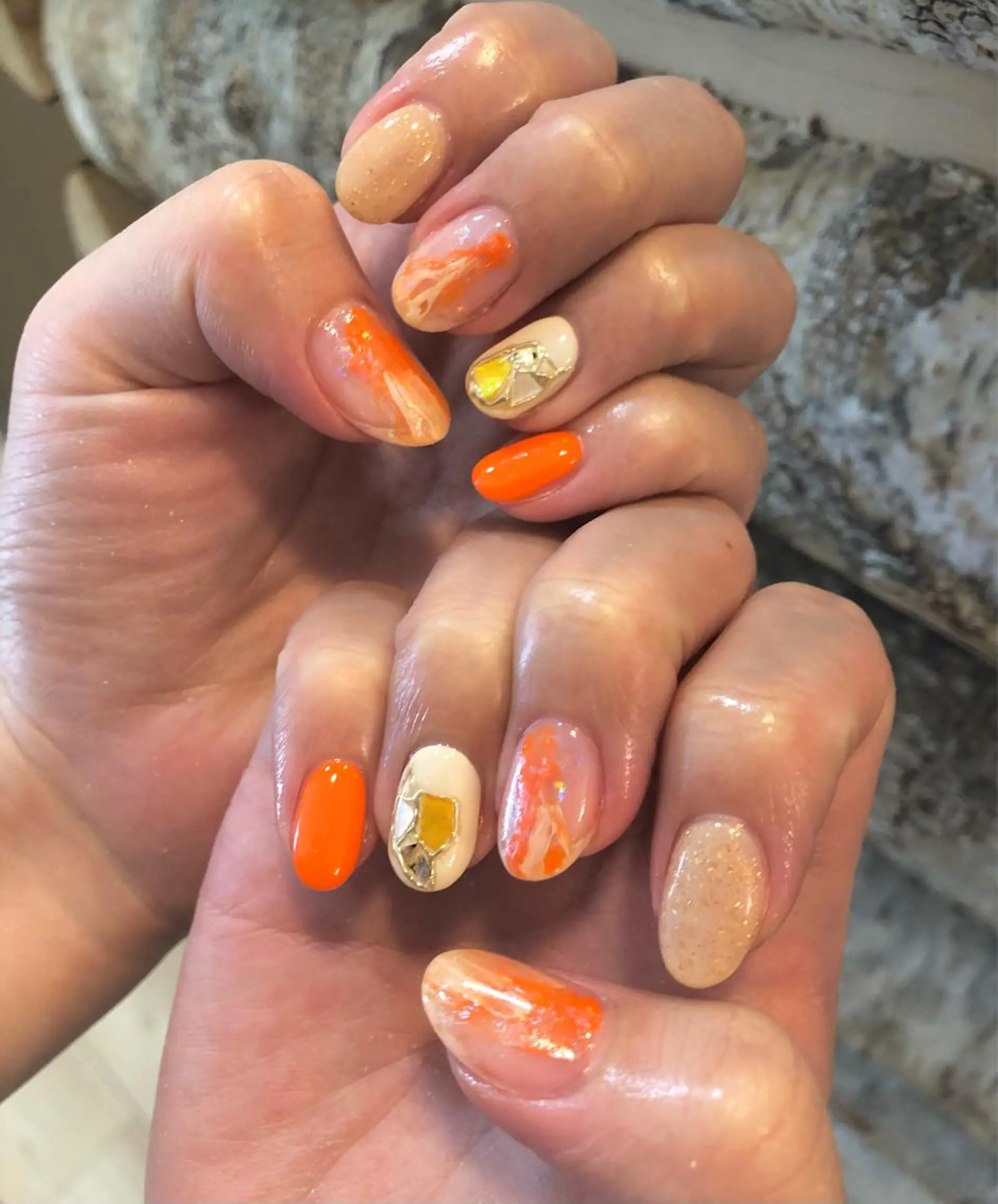 ネイル アートネイル オレンジ いちじゅう あおいのネイルデザイン