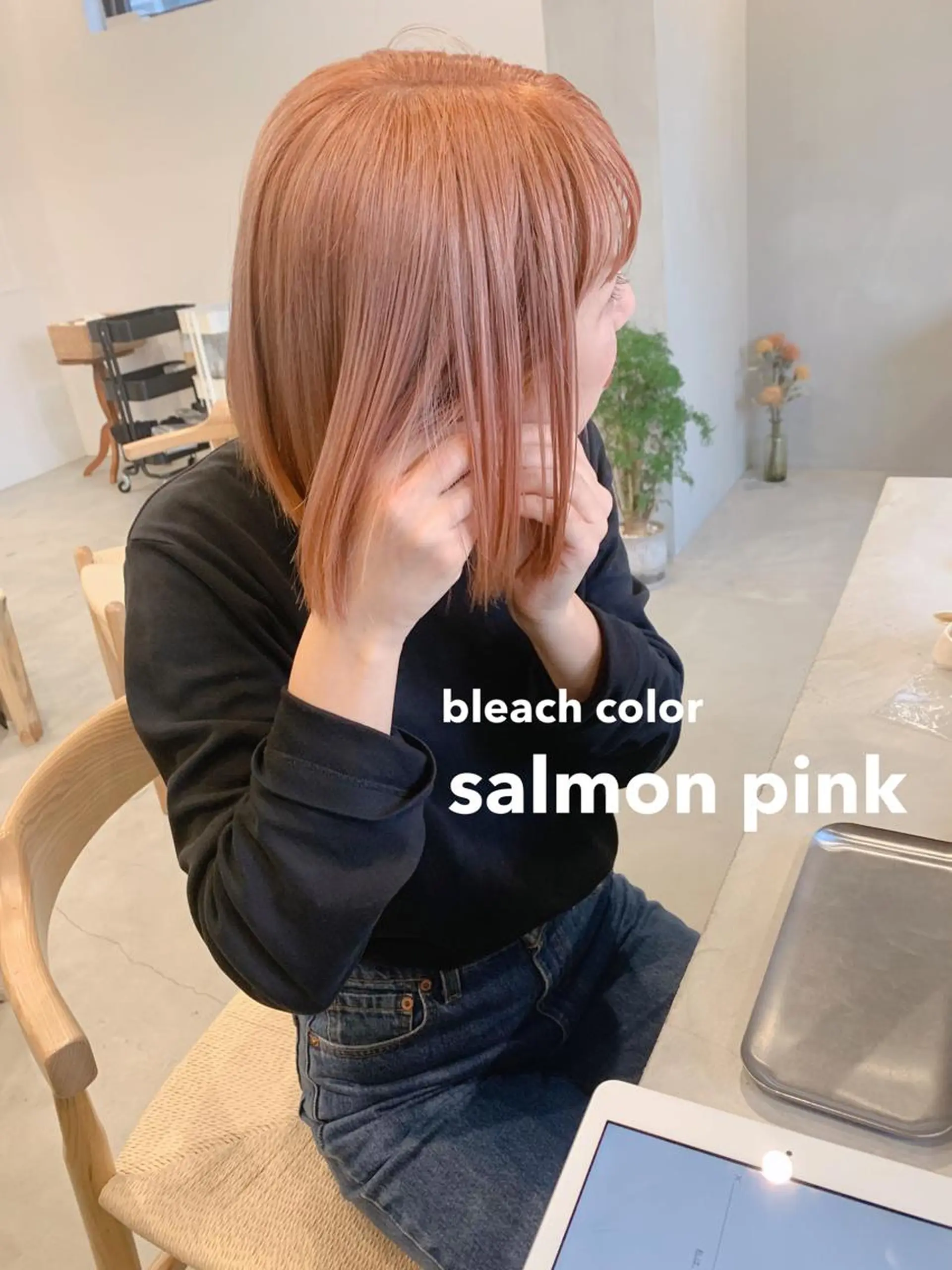 ショート カラー ブリーチ ケアブリーチ オレンジ ピンクカラー ボブ 柔らかブラウン/顔周 りレイヤー♡ユウシのヘアスタイル