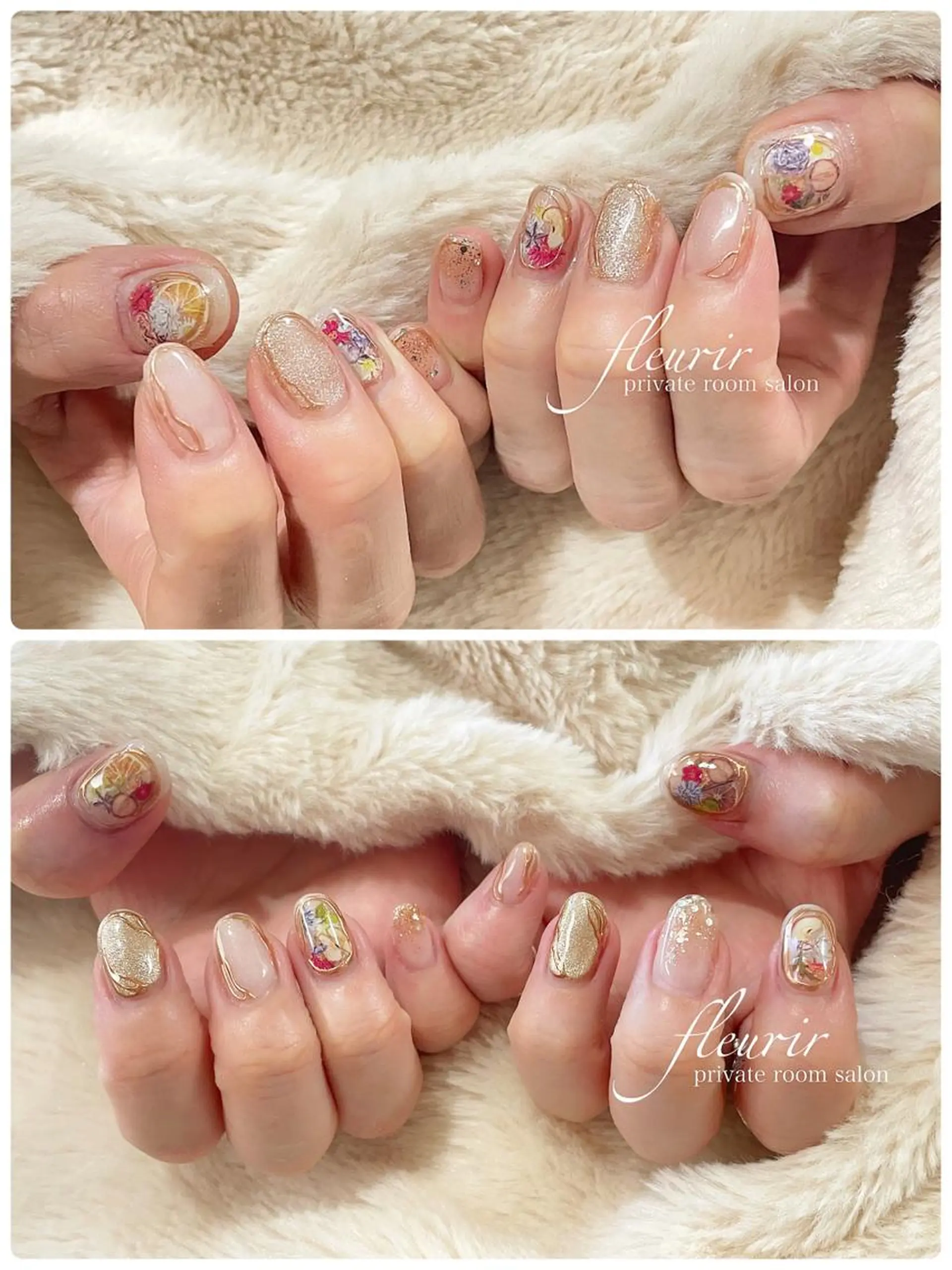 ネイル アートネイル ゴールド ミラーネイル ホワイト フルリール 【プライベートサロンのネイルデザイン