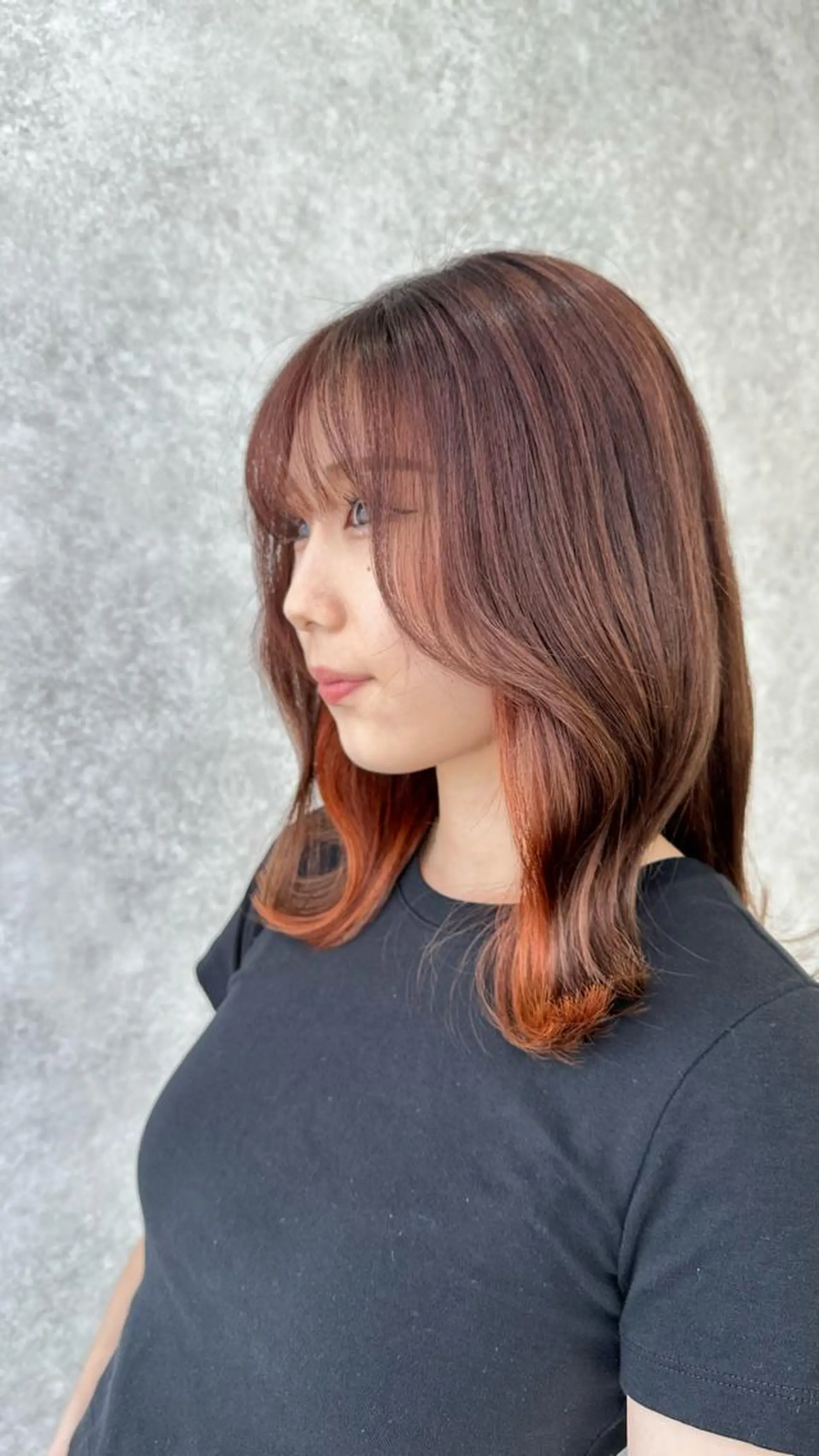 セミロング カラー ブラウンカラー イヤリングカラー オレンジ オレンジブラウン たなか りなのヘアスタイル