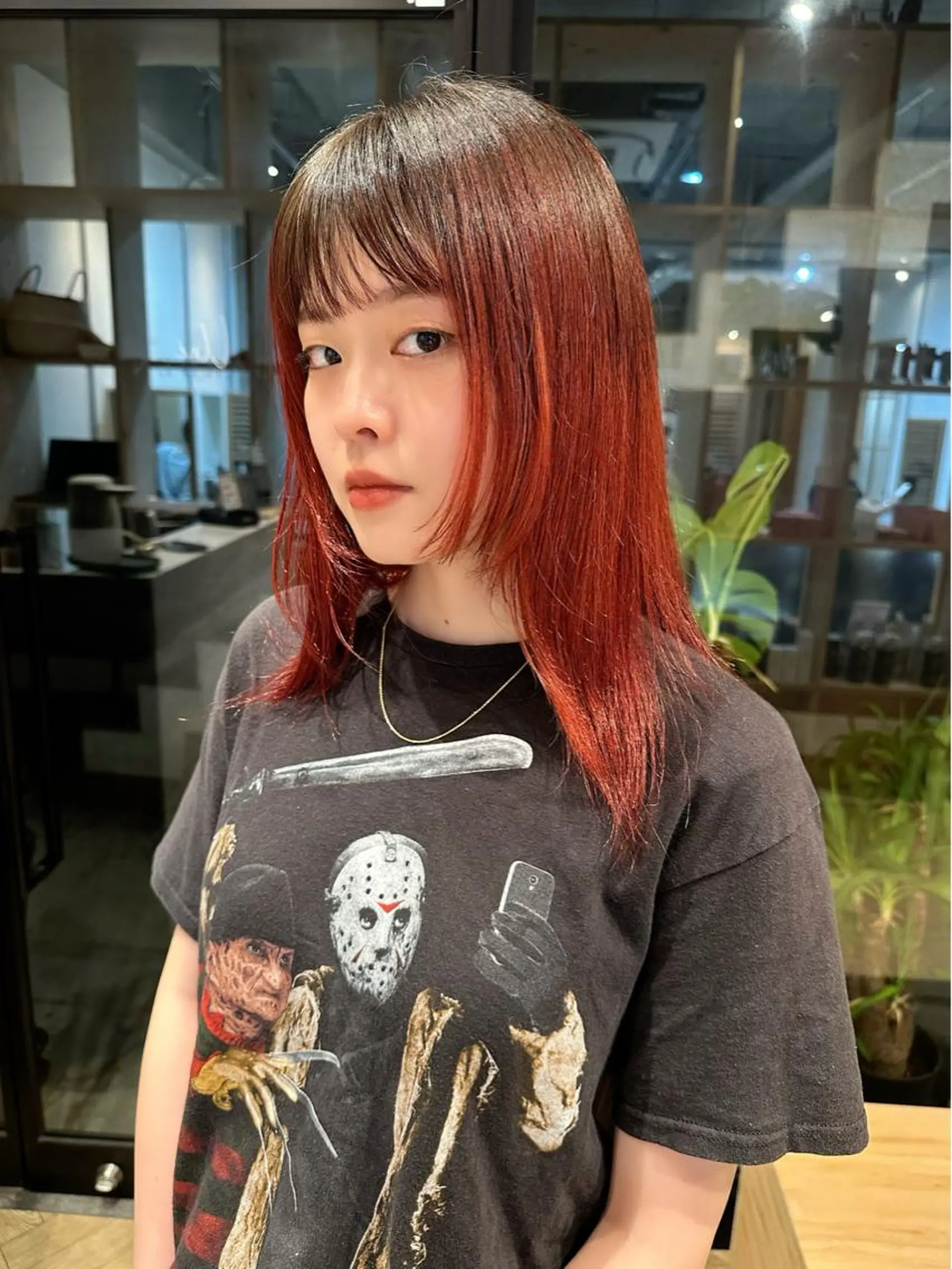 ミディアム カラー ダブルカラー オレンジ レッドカラー ボブ/レイヤー/ニュ アンスパーマ/小夏のヘアスタイル