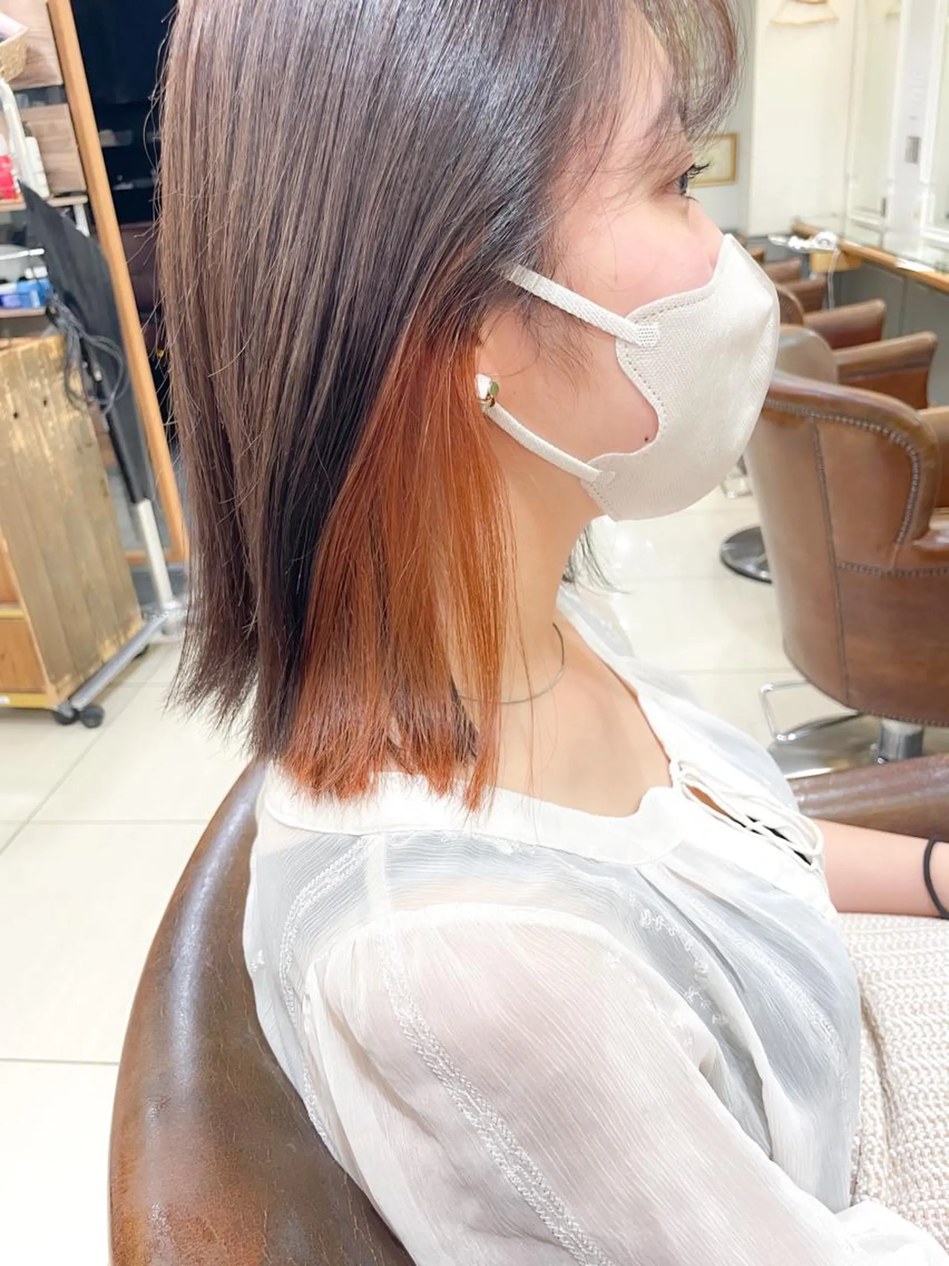 ミディアム カラー ブラウンカラー インナーカラー オレンジ オレンジブラウン ヘアカラー ✨カラー支持No.1 🧸ワキ カナコ🧸のヘアスタイル