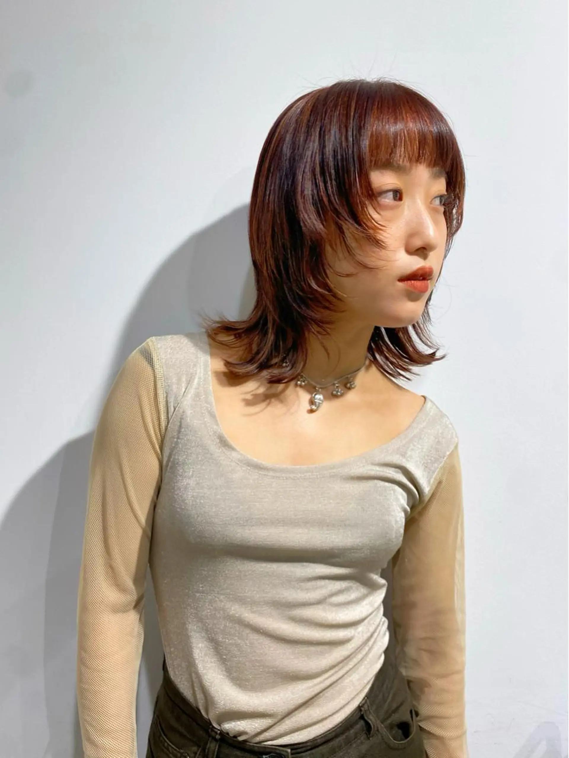 ミディアム カラー ミディアムレイヤー オレンジ レイヤーカット レイヤー/髪質改善 渡邉【日吉美容室】のヘアスタイル