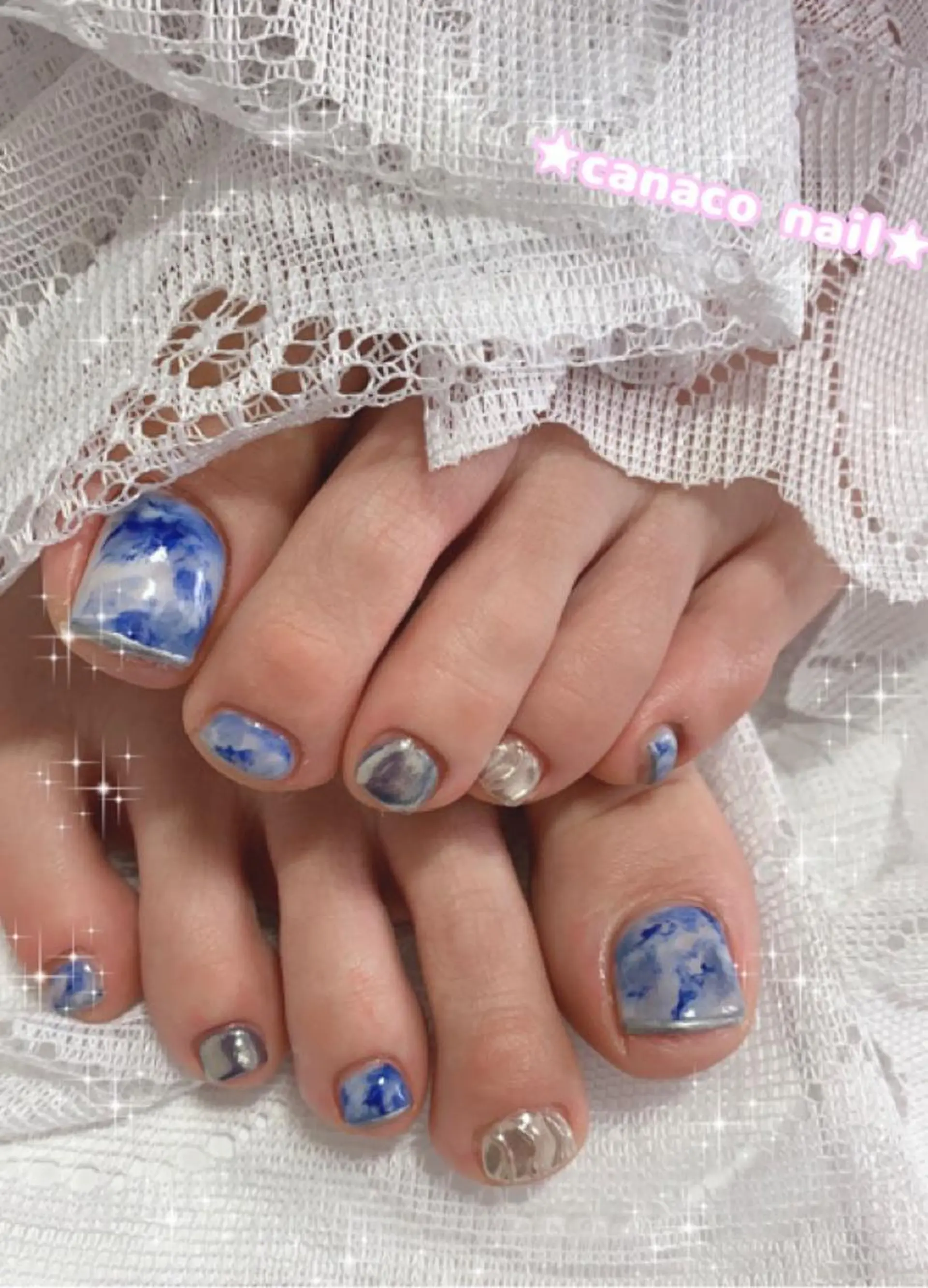 ネイル ブルー 大理石ネイル(マーブル) ミラーネイル Felice所属・ベテランネイル cnc  nailのネイルデザイン