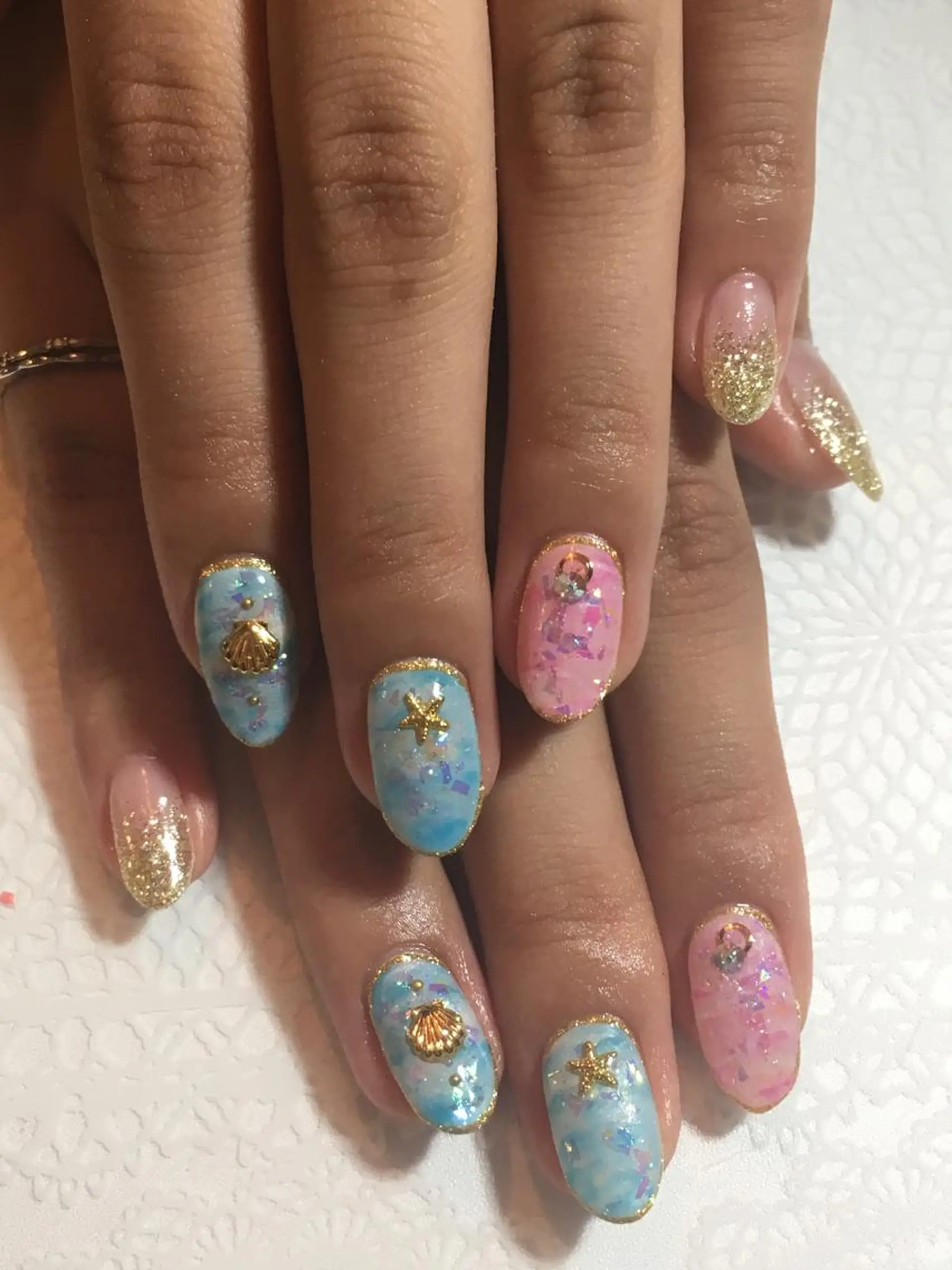 ネイル ブルー 持ち込み ピンク 古川 里美のネイルデザイン