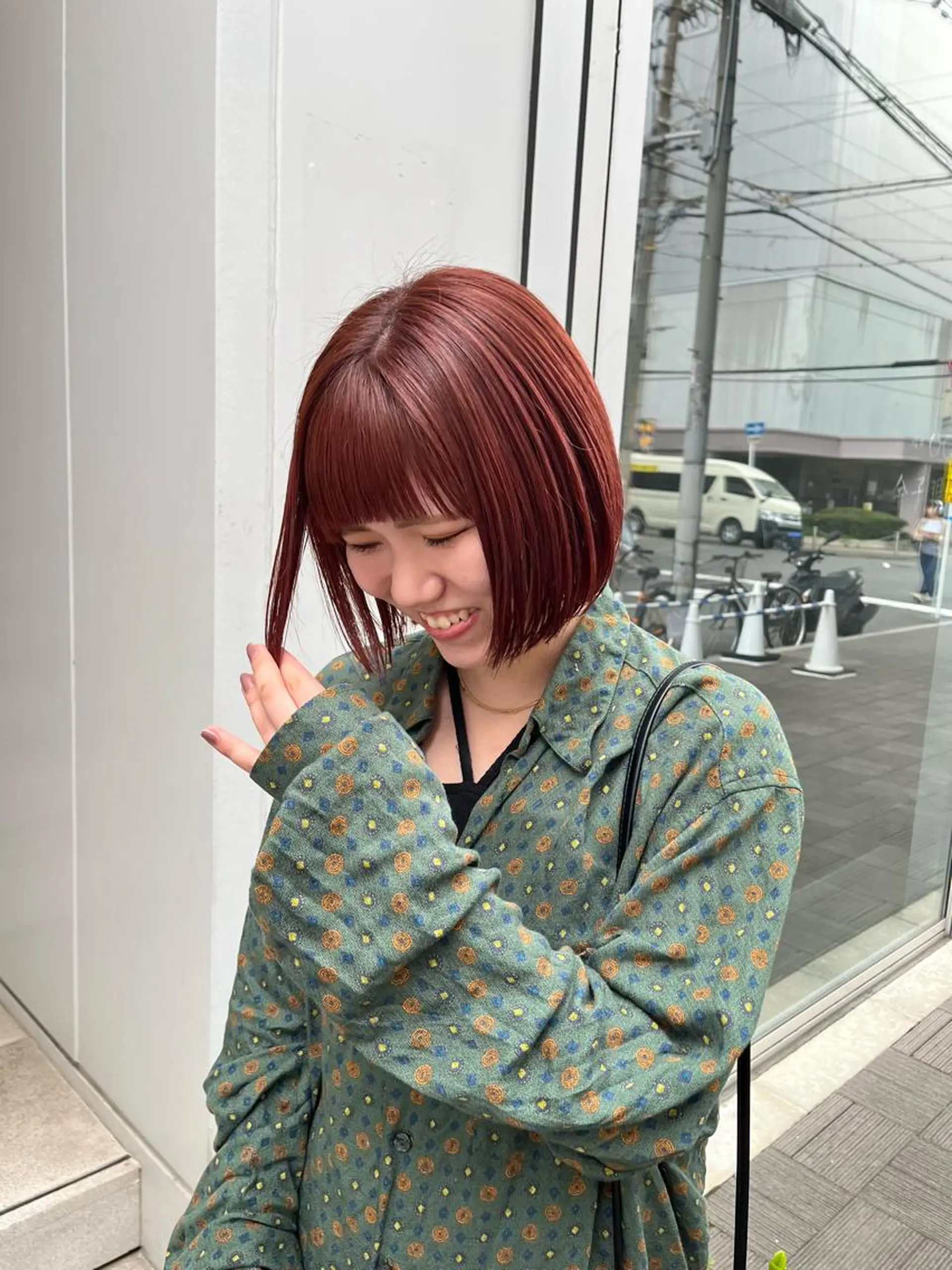 ショート カラー 切りっぱなしボブ オレンジ ピンクカラー ボブ オン眉 カット ヘアカラー ショート/パーマ/ カラー/FUKOのヘアスタイル