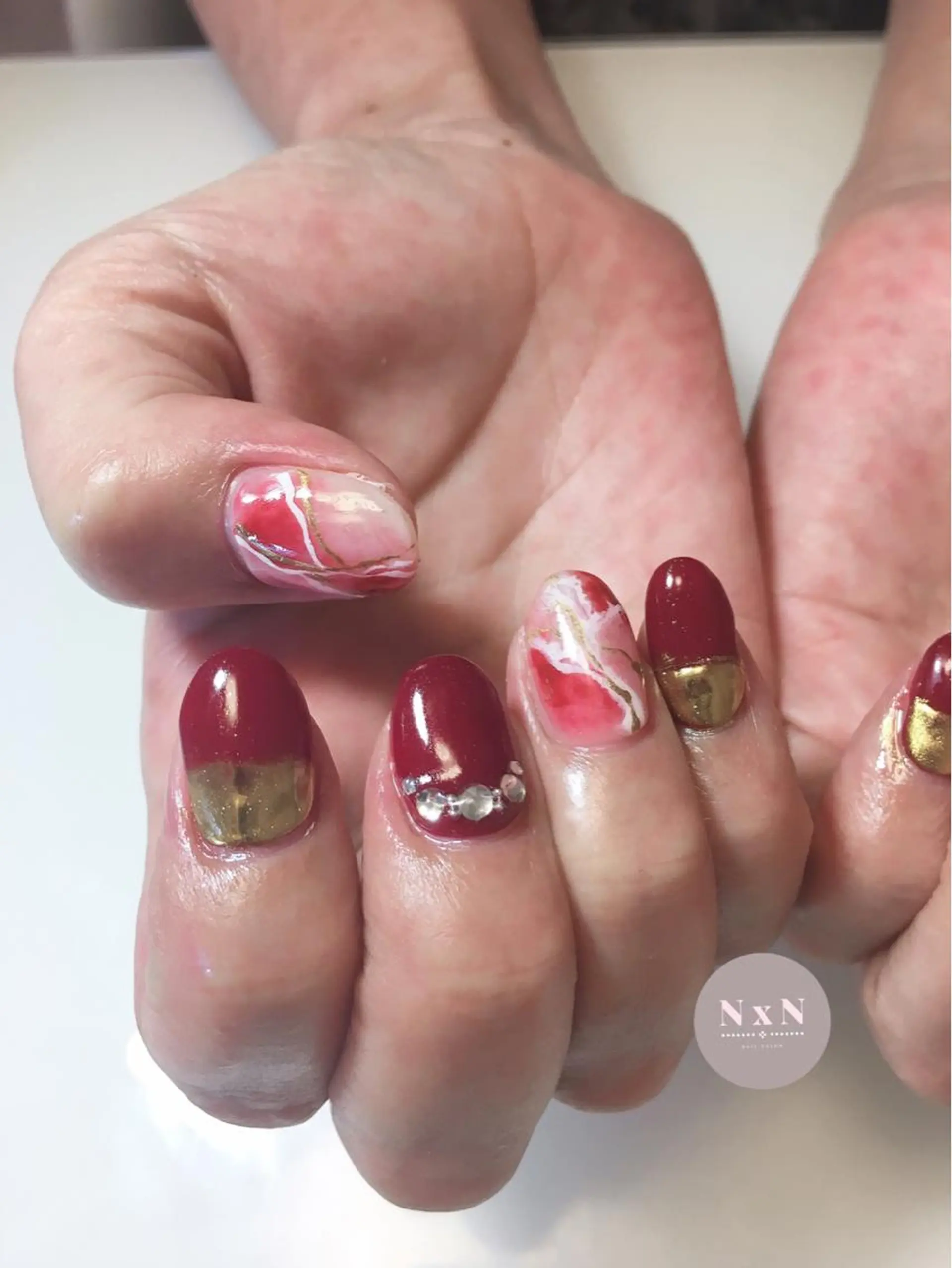 ネイル ボルドー フレンチネイル ジェルネイル 大理石ネイル(マーブル) ミラーネイル nail salon N×Nのネイルデザイン