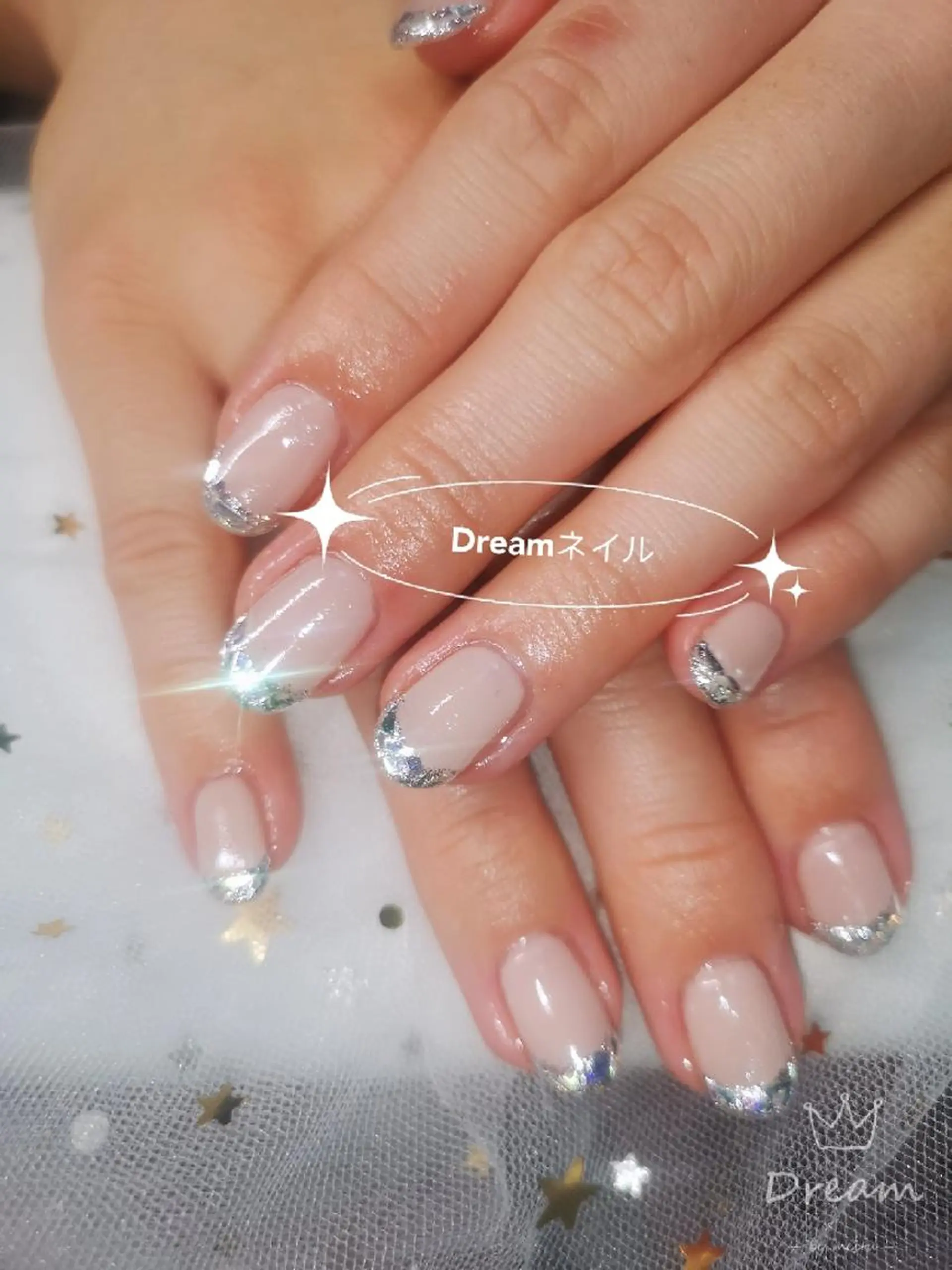 ショート ネイル フレンチネイル ガラスフレンチ キラキラネイル ネイリストゆか💅 長さだし、深爪矯正のネイルデザイン