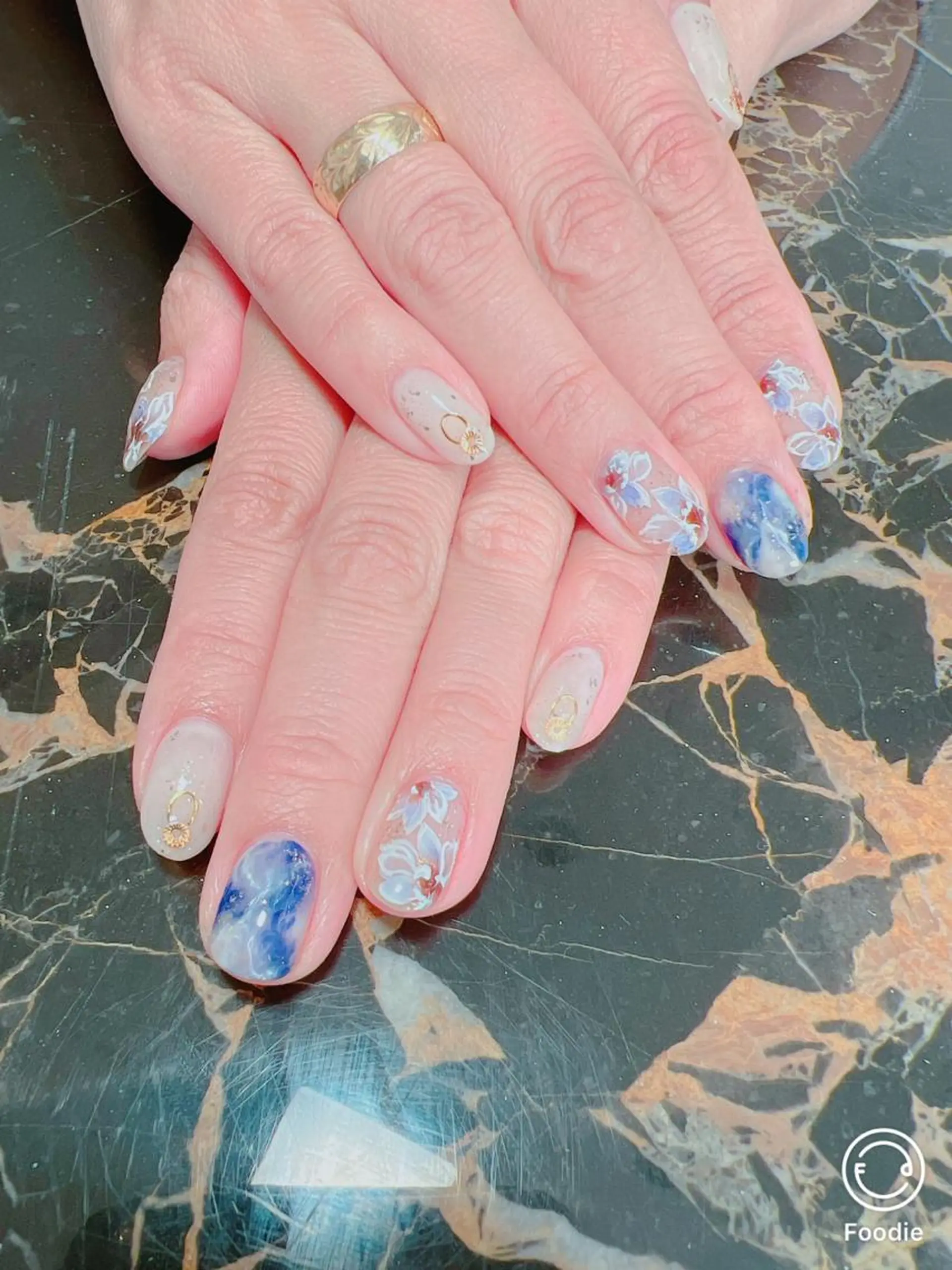 ネイル ブルー フラワーネイル ハンドネイル たきぐち みちこのネイルデザイン