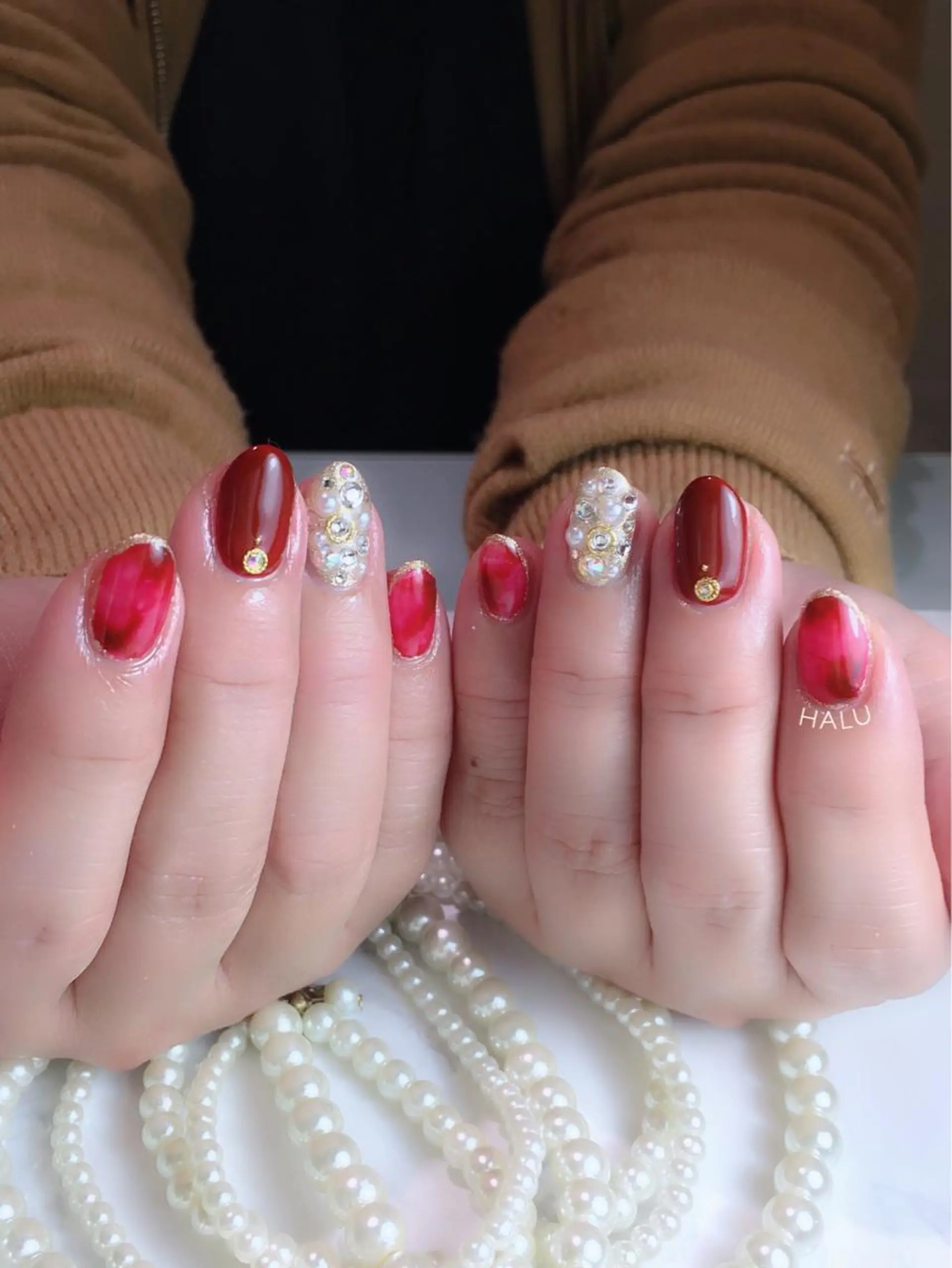 ネイル ボルドー ストーンネイル HALU ハルのネイルデザイン