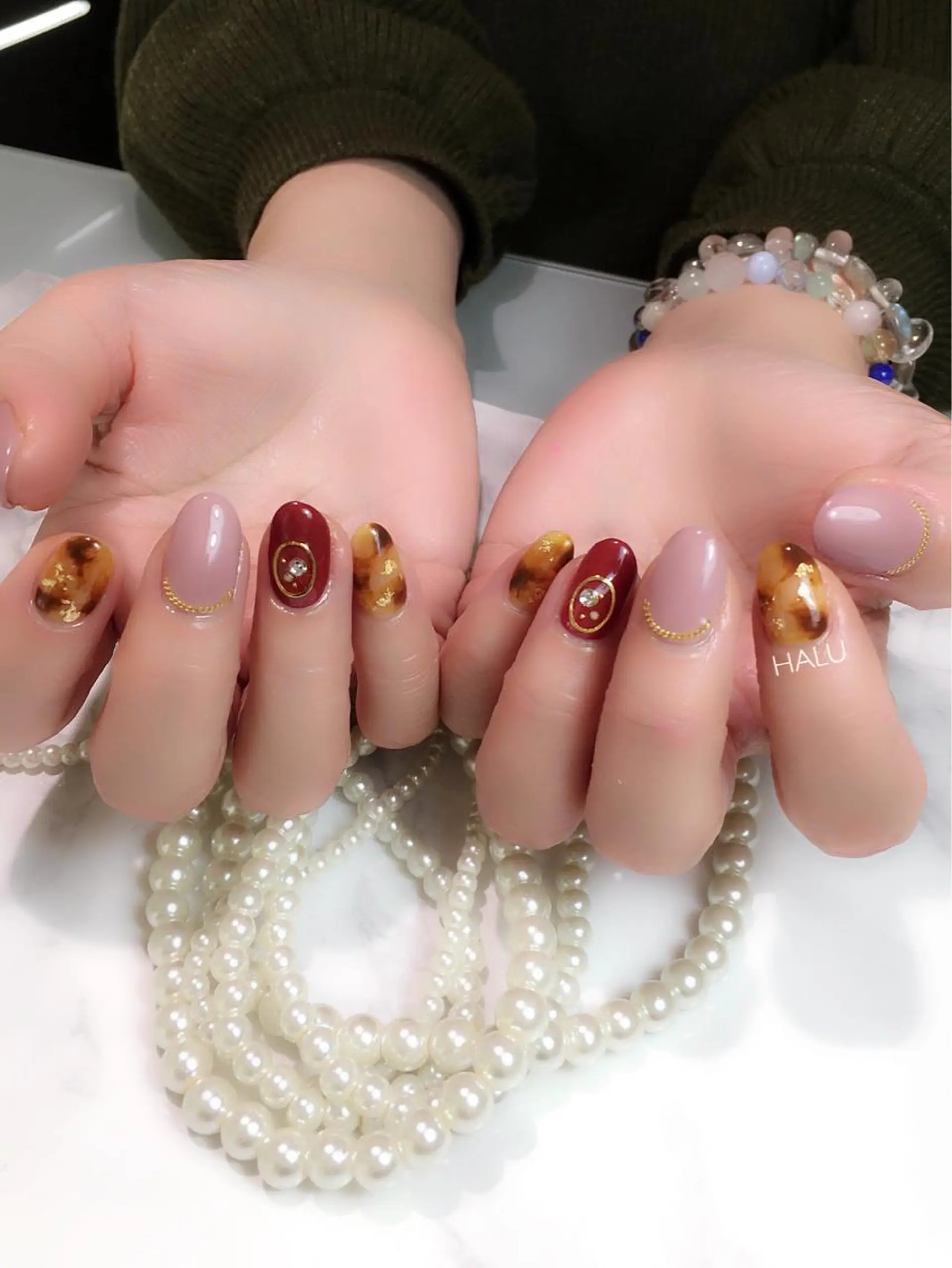 ネイル べっ甲ネイル ボルドー カジュアル HALU ハルのネイルデザイン