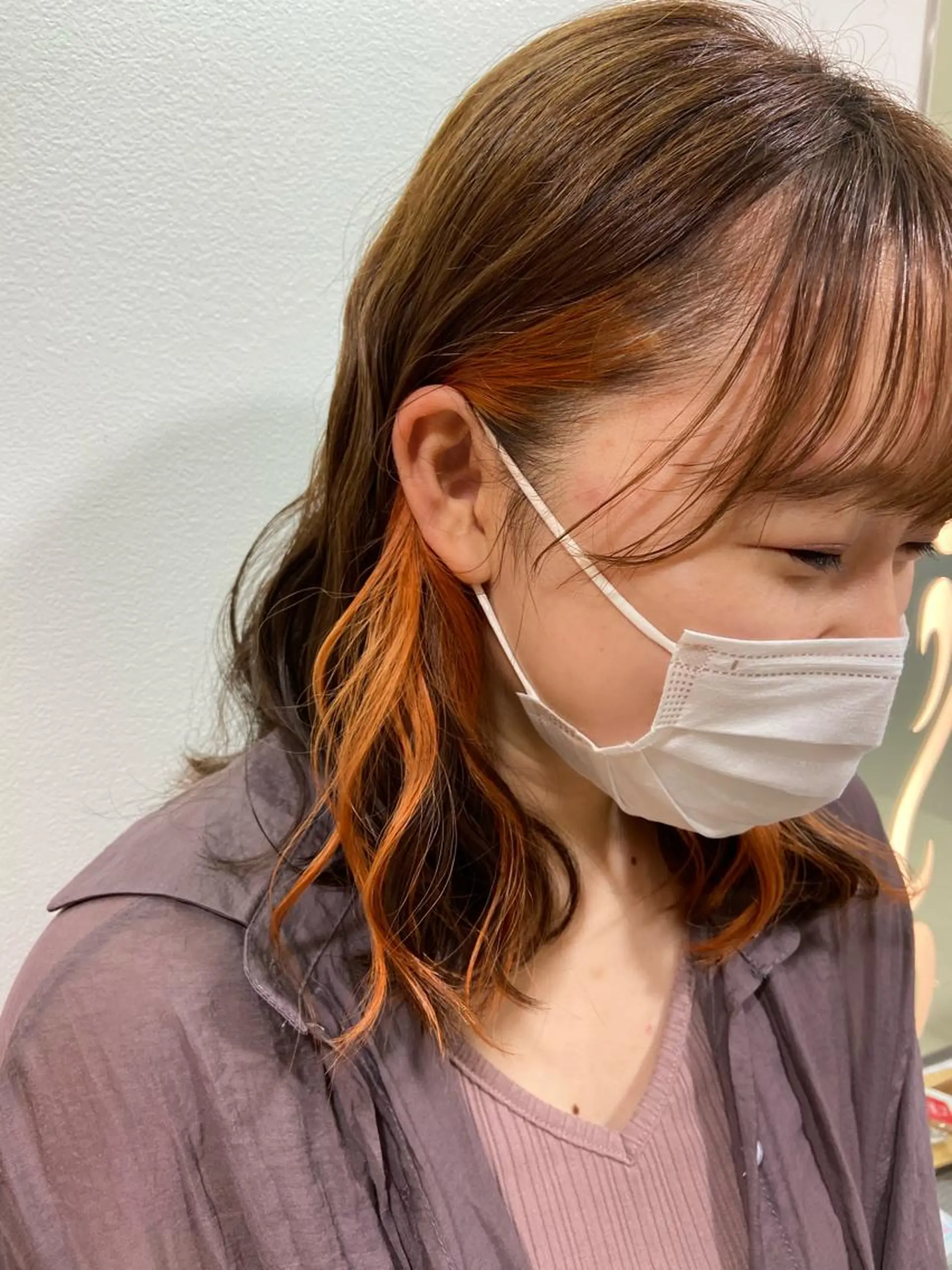 セミロング カラー イヤリングカラー オレンジ カット ヘアカラー トリートメント 🪽似合わせカラー RENA.🪽🩶のヘアスタイル