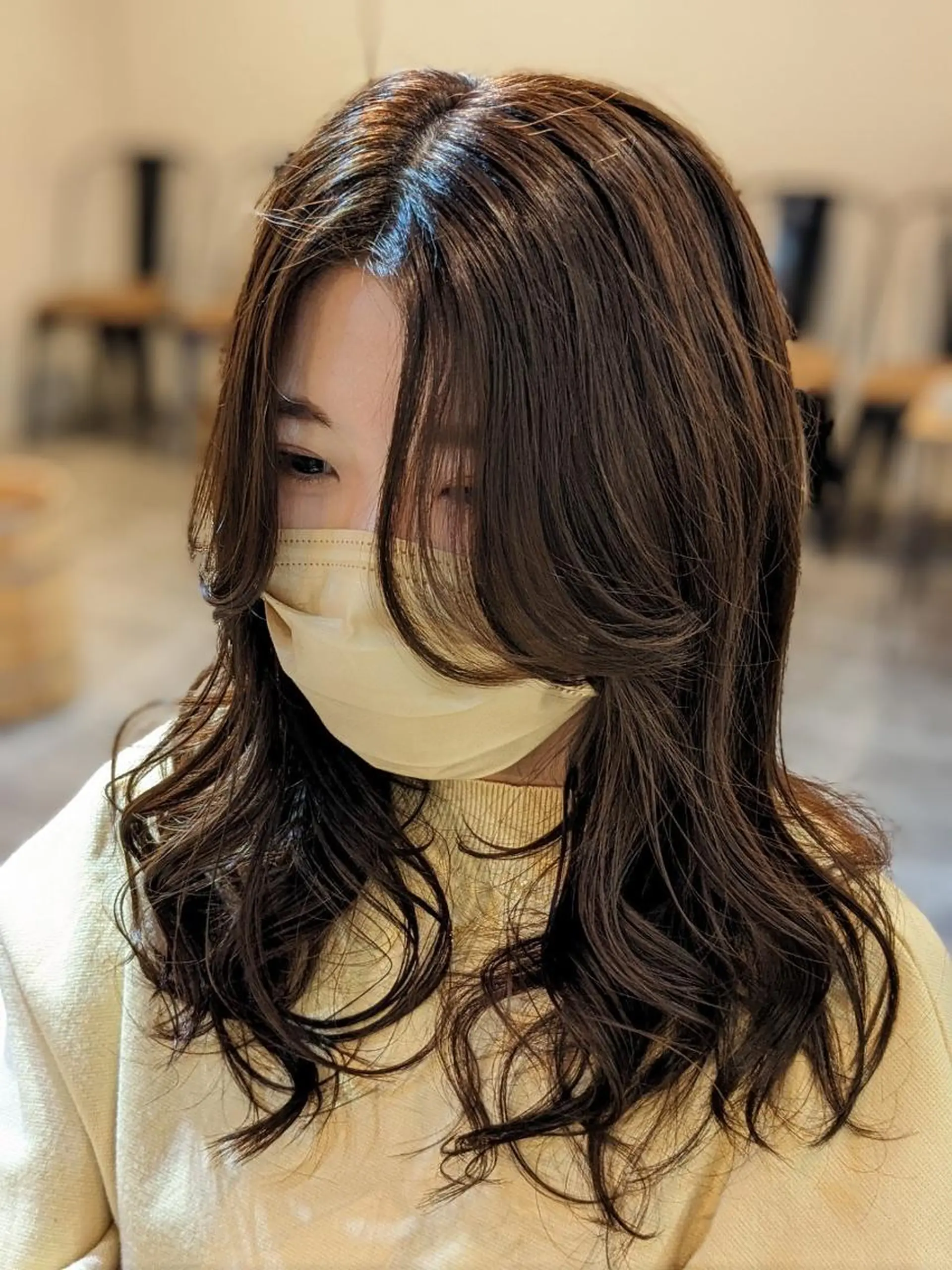 セミロング カラー パーマ ヘアアレンジ 成人式 アディクシーカラー アッシュ バレイヤージュ ミストバング N° +aero 横浜のヘアスタイル