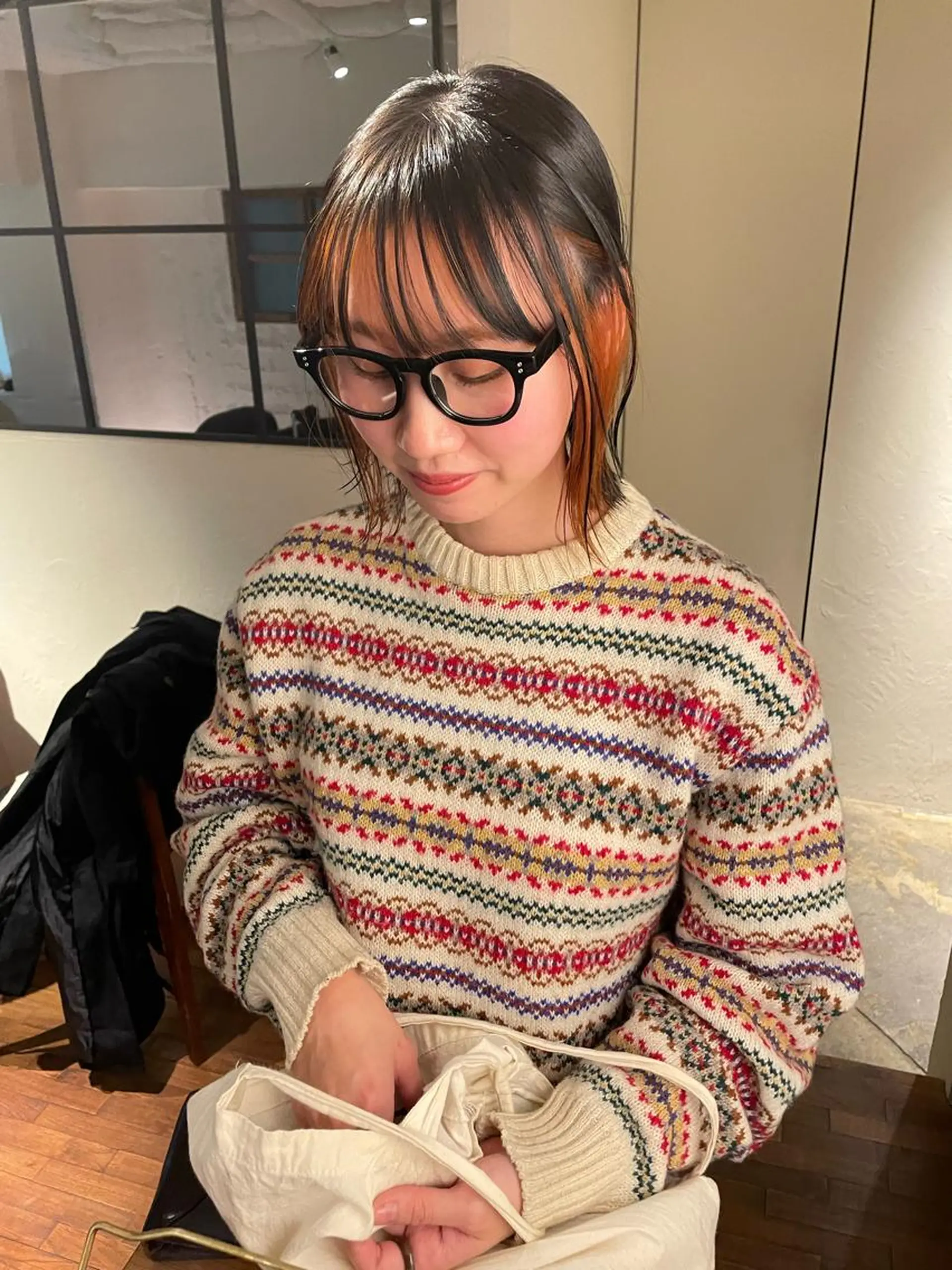 ミディアム カラー ブラウンカラー オレンジ オレンジブラウン 学生 カット ヘアカラー トリートメント ヘアセット 🤎ono/ 切りっぱなしボブ🤎のヘアスタイル