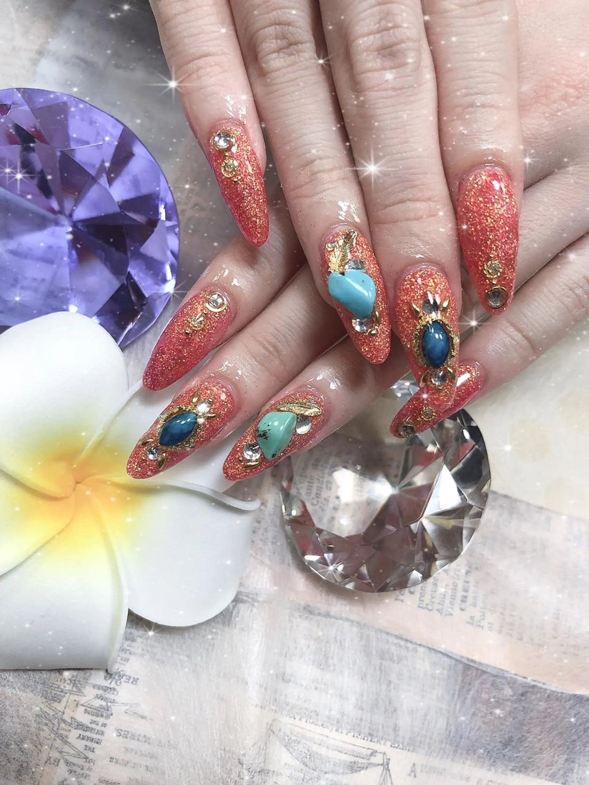 ロング ネイル グラデーション ラメ(グリッター) ラメグラデーション ワンカラーネイル ストーンネイル ハンドネイル 《LB》ラブリエ Nail&eyeのマツエク・マツパデザイン